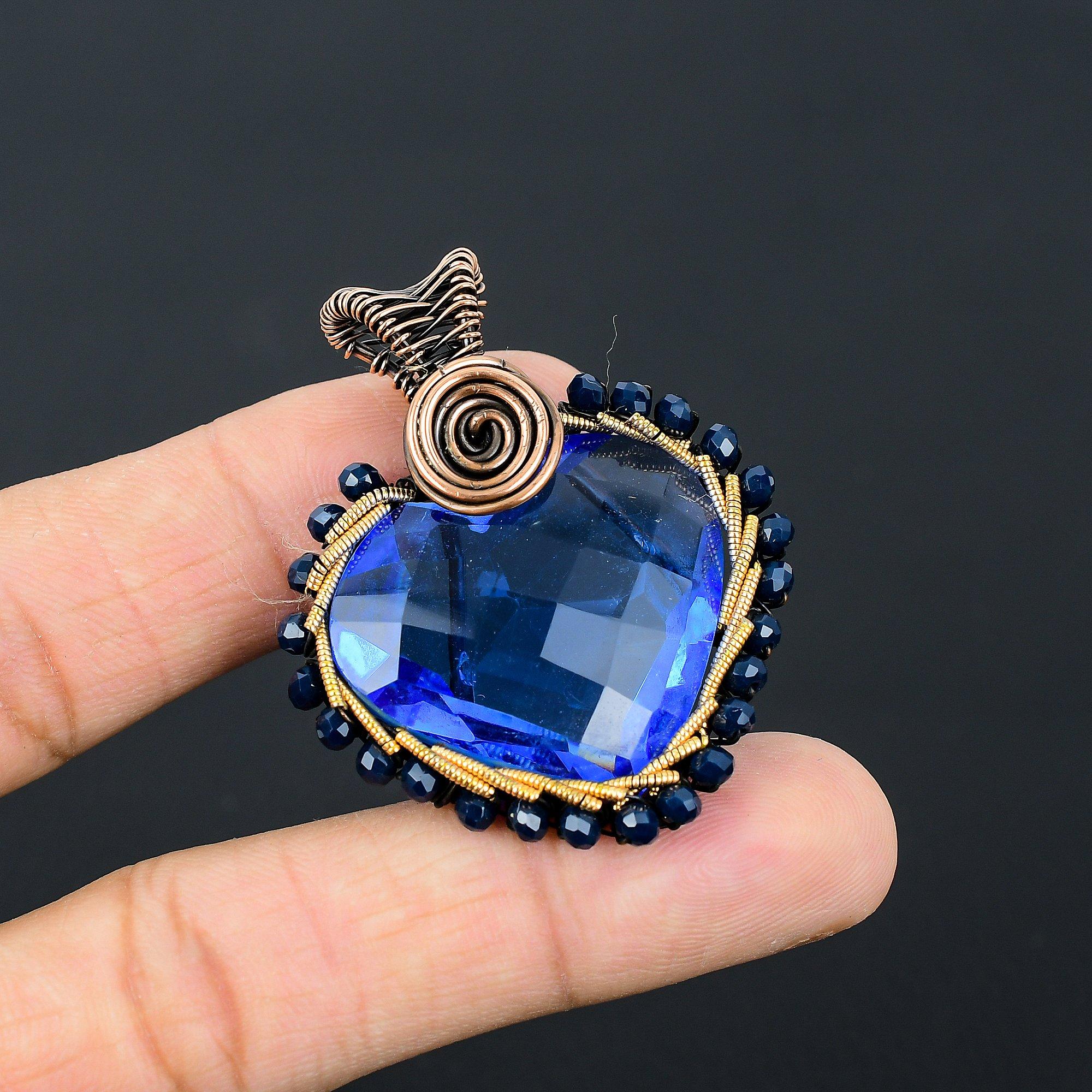 Heart Shape Blue Topaz Gemstone Handmade Copper Wire Wrap Jewelry Amazing Pendant For Her
