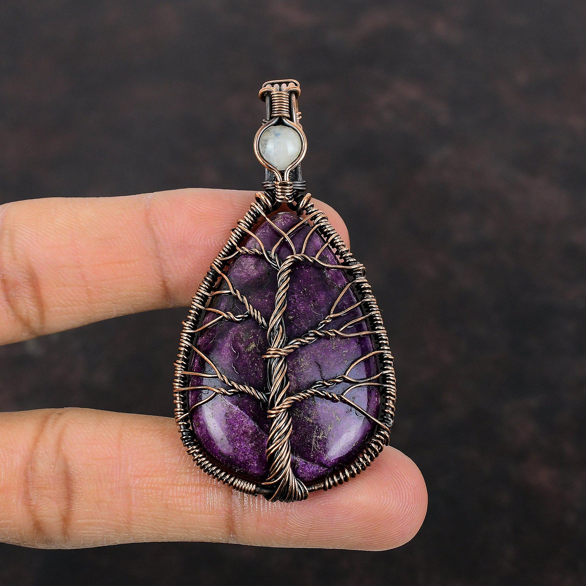 Tree Of Life Purpurite Pendant Copper Wire Wrapped Jewelry Rainbow Moonstone Pendant Handmade Jewelry Copper Wire Pendant Gemstone Pendant