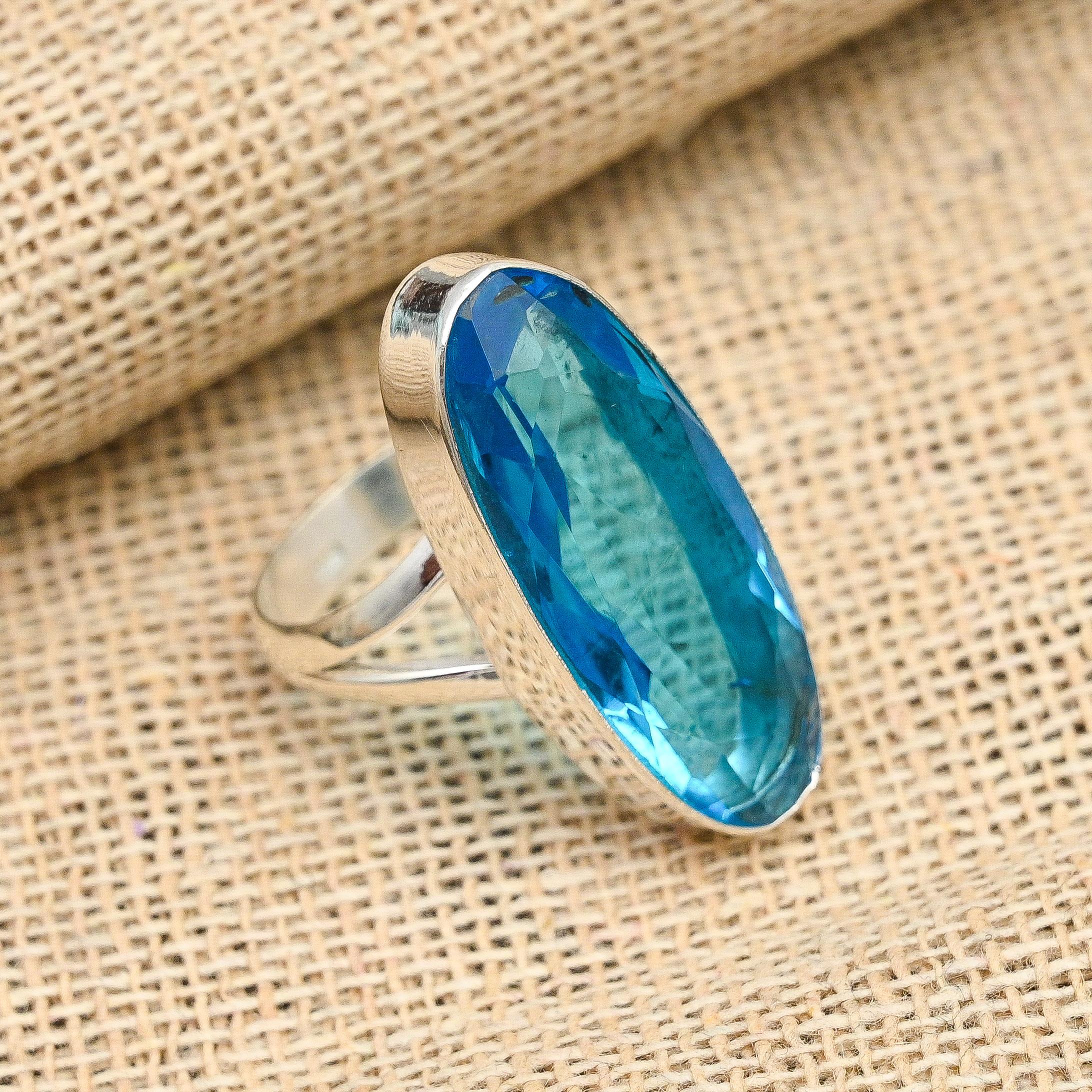 Pretty Blue Topaz Gemstone Handmade 925 Solid Sterling Silver Jewelry Ring