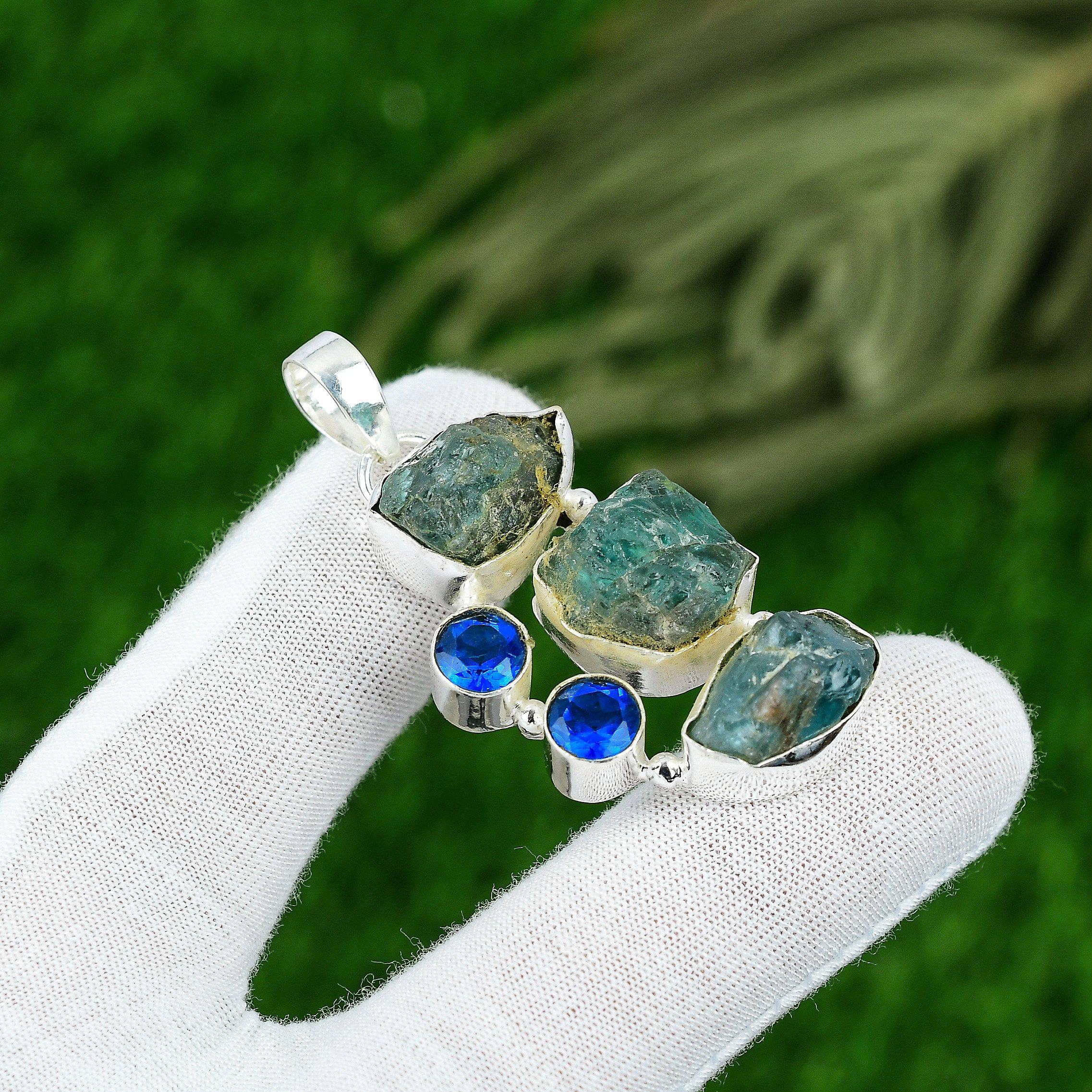 Wedding Gift For Her 925 Sterling Silver Natural Apatite Rough Gemstone Pendant