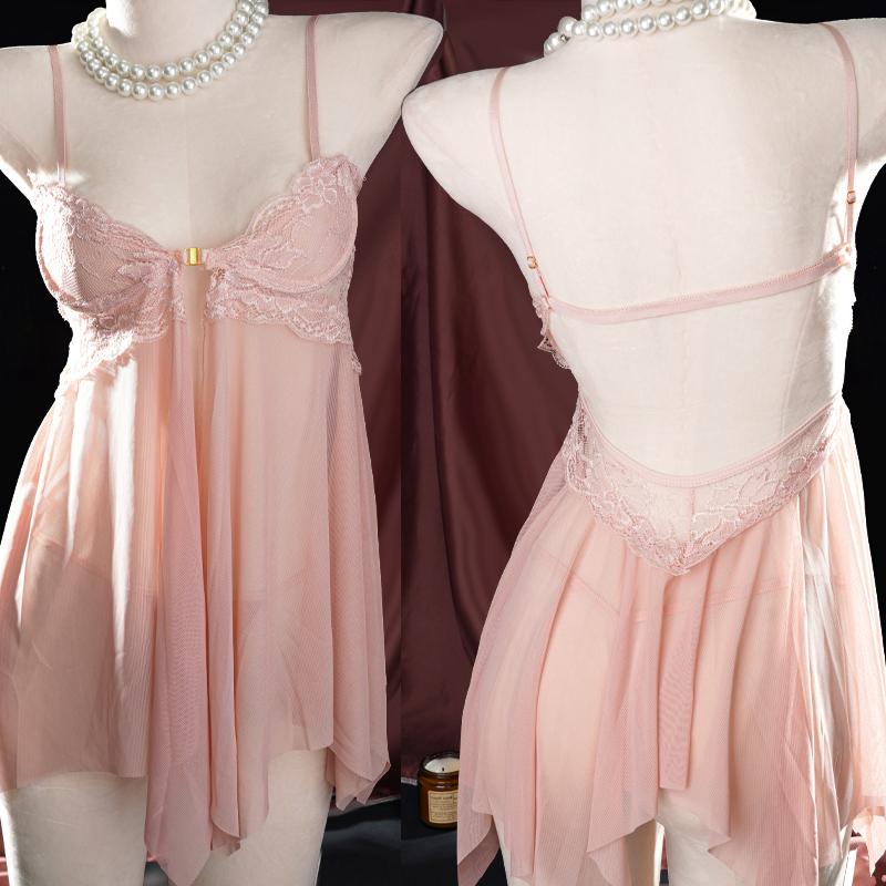 Women's Nightdress Sleepwear Lace with Panties Front Buttoned Steel Ring Mesh See-through Pajamas