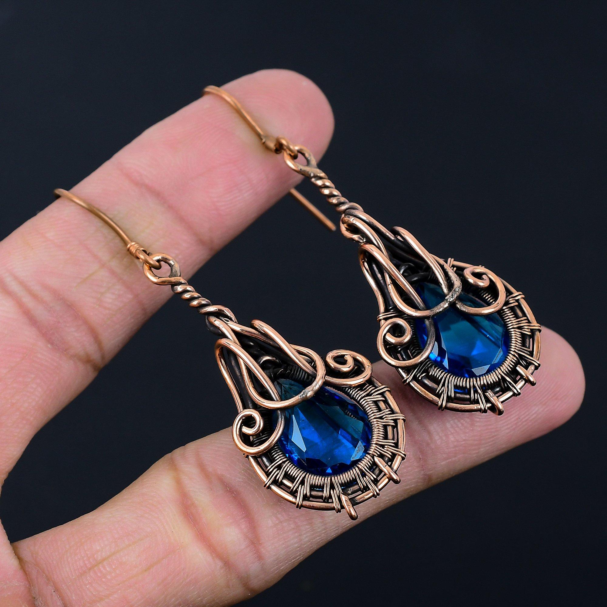 Lavish Blue Topaz Gemstone Handmade Pure Copper Wire Wrapped Earrings Jewelry For Love
