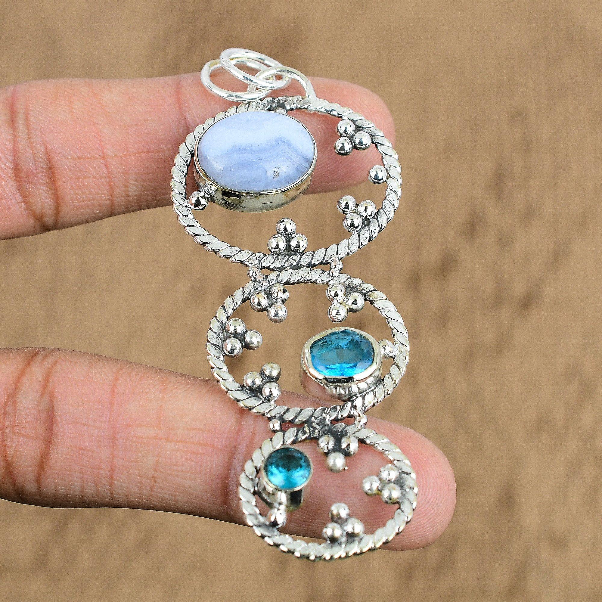 Natural Blue Lace Agate Gemstone Pendant 925 Sterling Silver Jewelry For Girls
