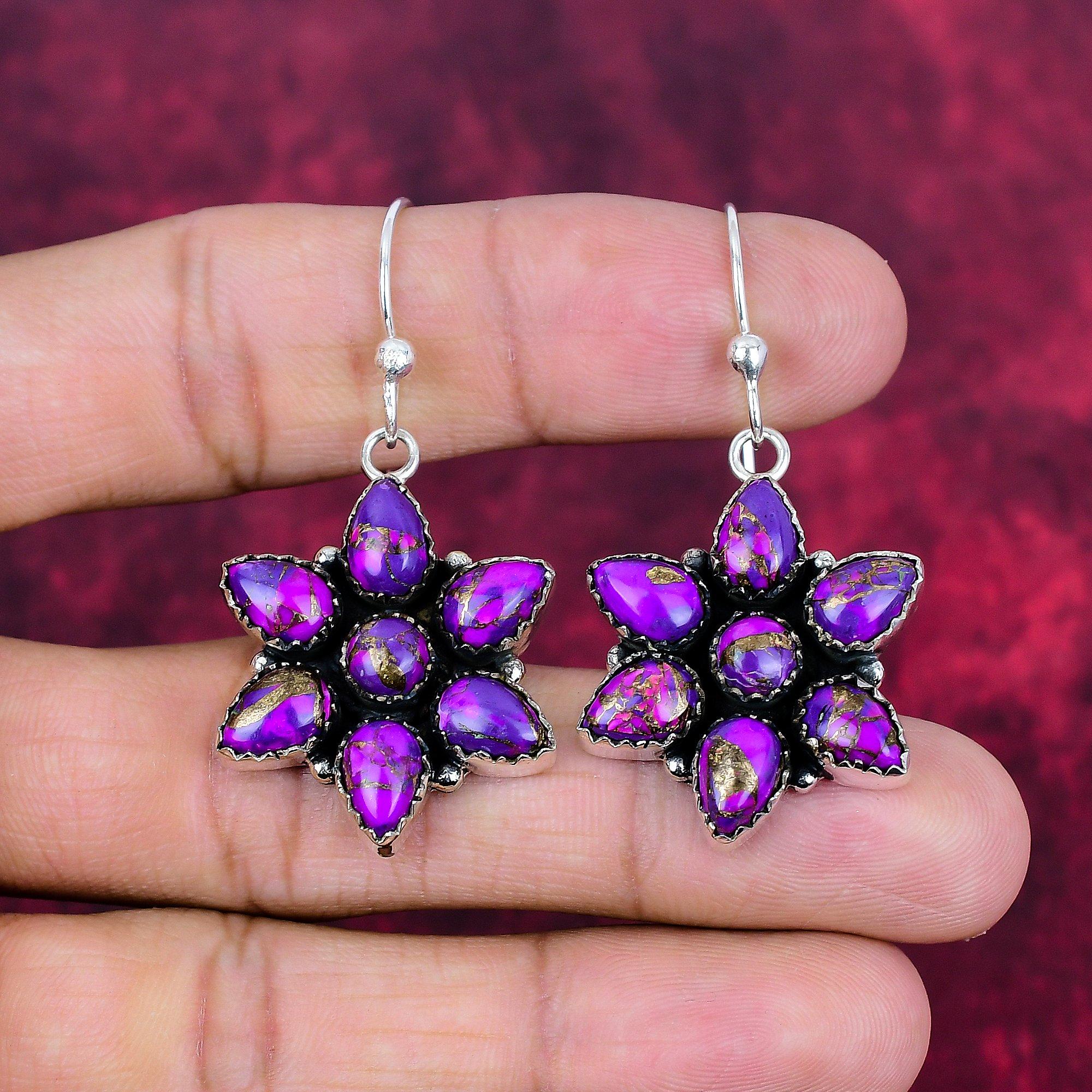 Cercei cu turcoaz și cupru violet, bijuterii din argint 925 masiv, cercei cu pietre prețioase, cadou pentru ea, bijuterii delicate lucrate manual