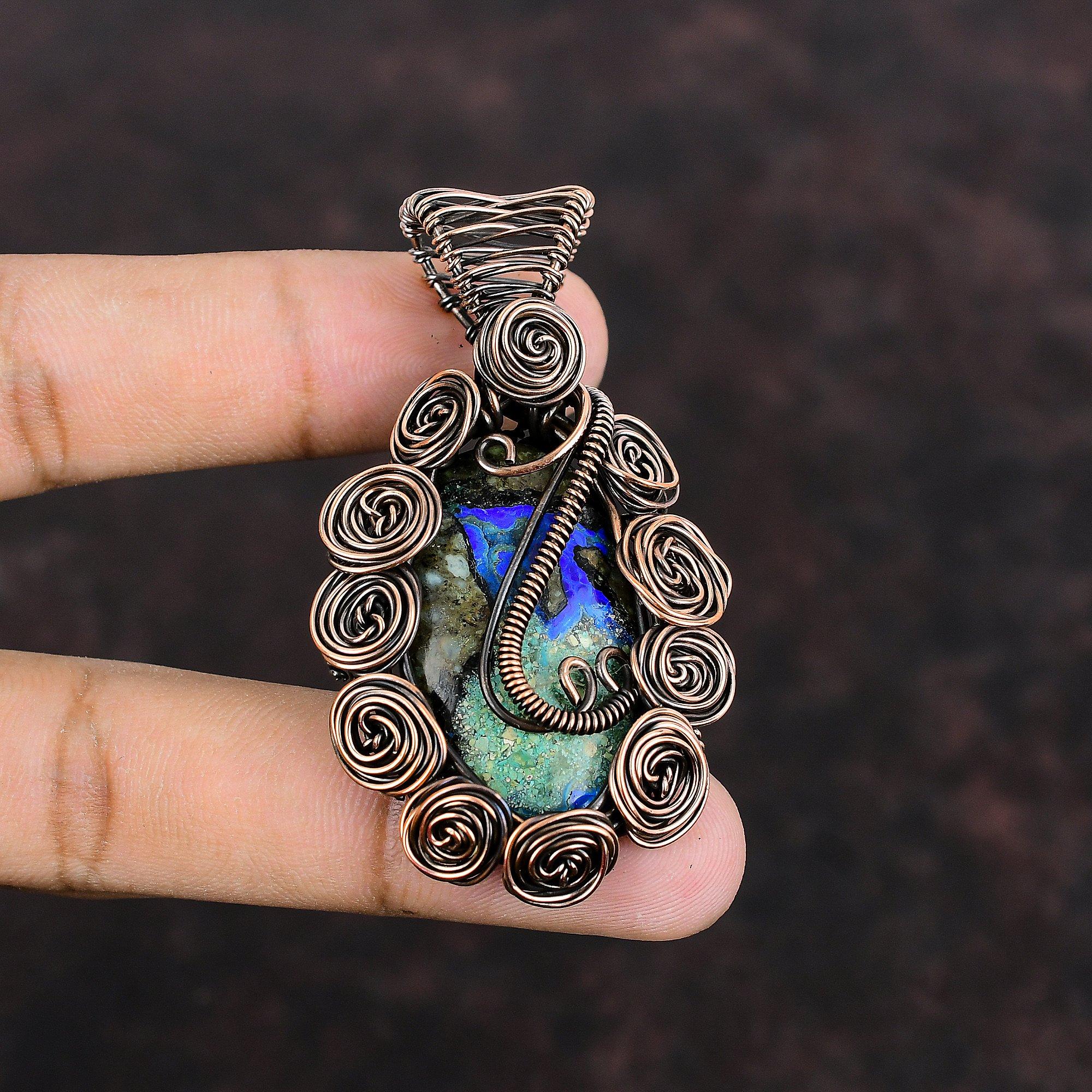Azurite Malachite Copper Pendant Wire Wrapped Gemstone Pendant Copper Jewelry Handmade Pendant  Wire Wrap Jewelry Wedding Gift Healing Stone