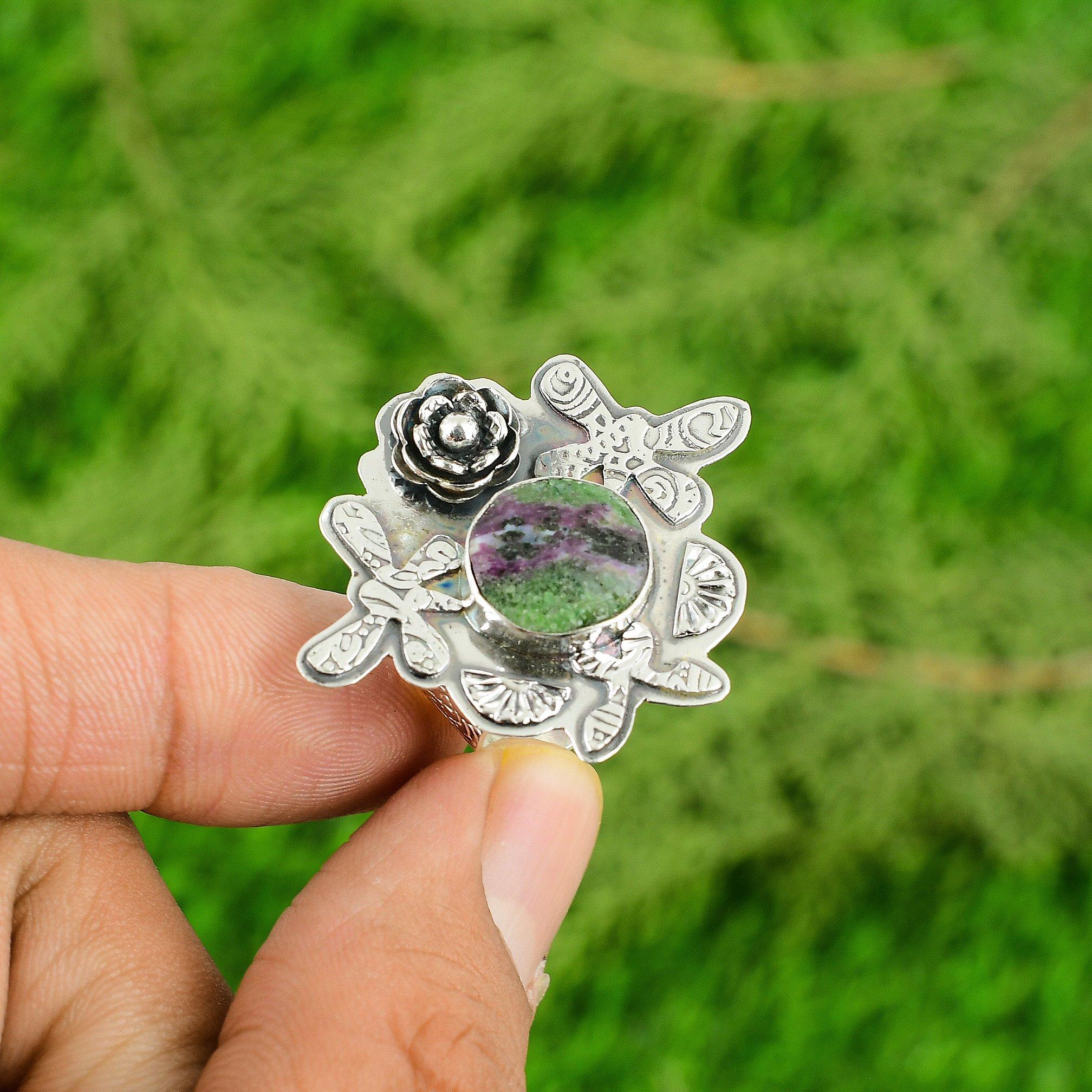 Natural Ruby Zoisite 925 Silver Solitaire Flower Adjustable Ring For Girls