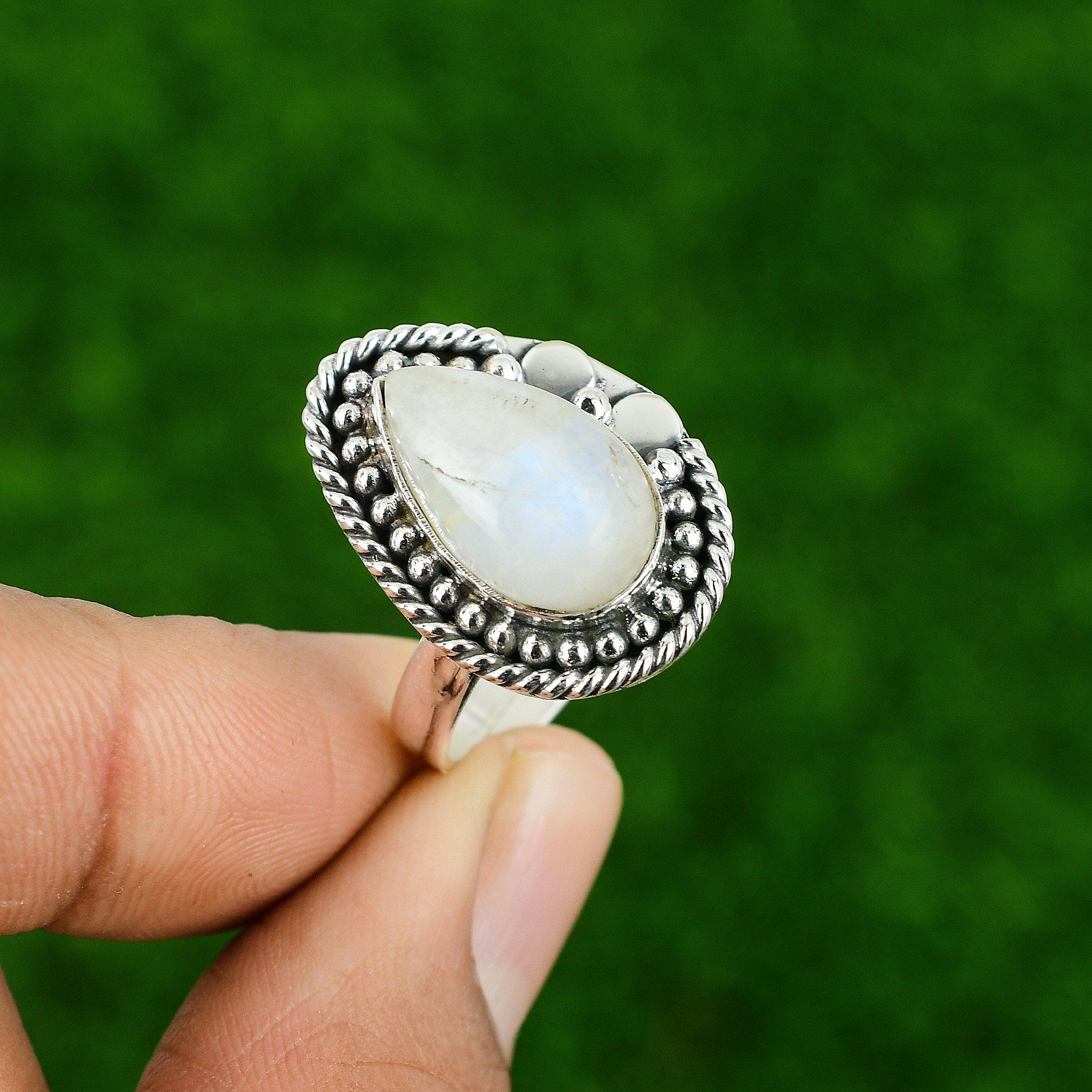 925 Sterling Silver Crown Chakra Rainbow Moonstone Stone Statement Sister Ring