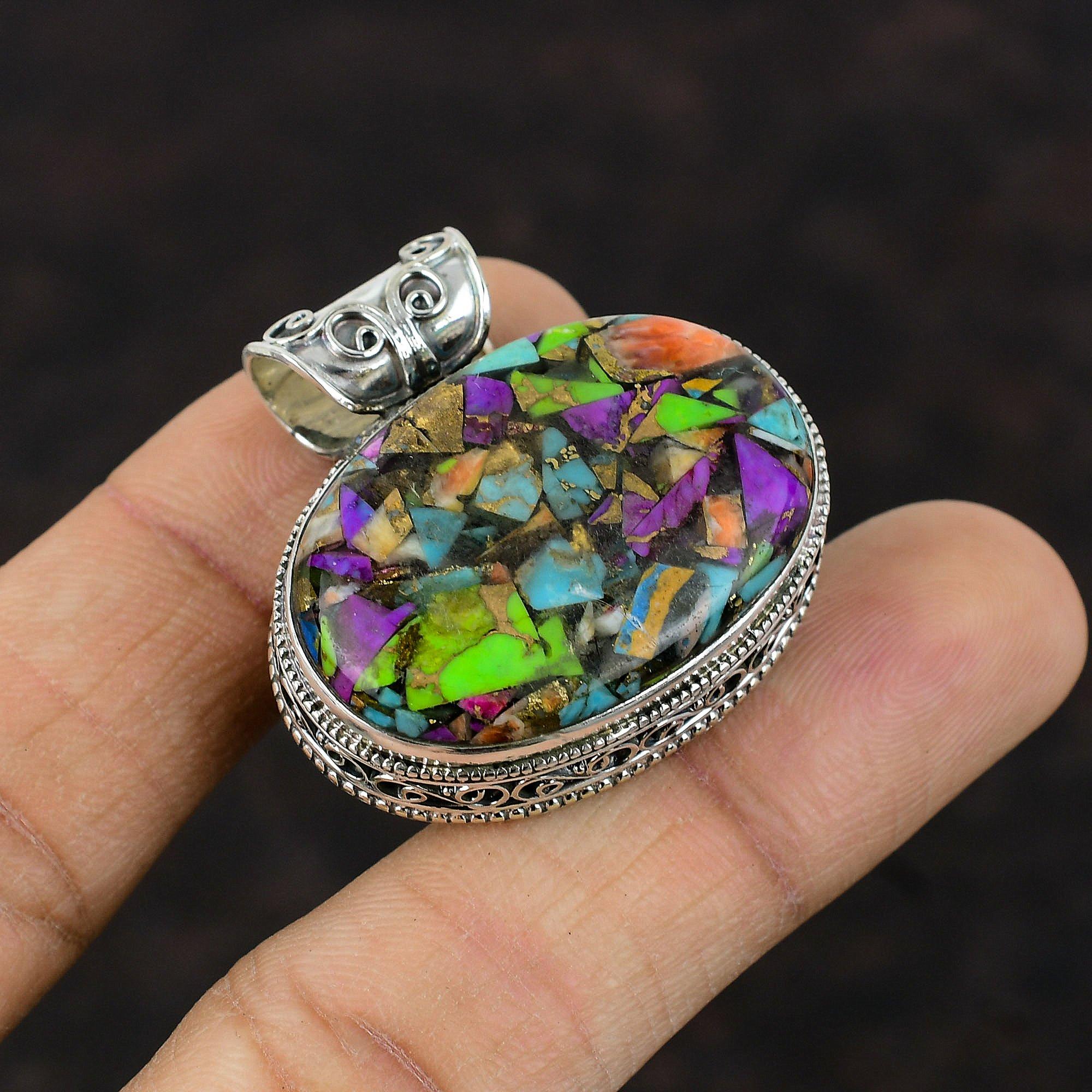 Fiesta Kingman Türkis-Anhänger, Multi-Kupfer-Türkis-Anhänger, zierlicher Edelstein-Schmuck, 925er Sterlingsilber-Anhänger, handgefertigter Vintage-Anhänger