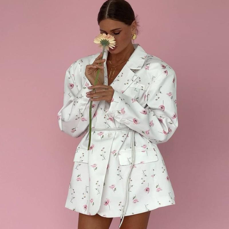 Women's Blazer Print Lapel Tie Waist Cinching Commuter Loose Long Sleeved Jacket New Fashion 2025 Spring/Summer