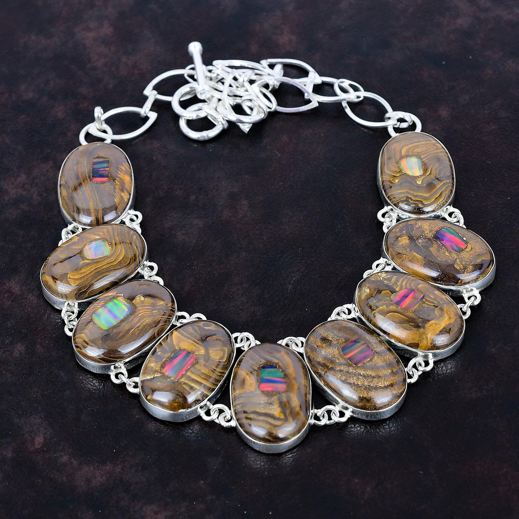 Opal etiopski w naszyjniku z kamieniem szlachetnym opalem boulderowym, naszyjnik na regulowanym łańcuszku ze srebra próby 925, biżuteria z kamieniem urodzeniowym, ręcznie robiony, nowy naszyjnik