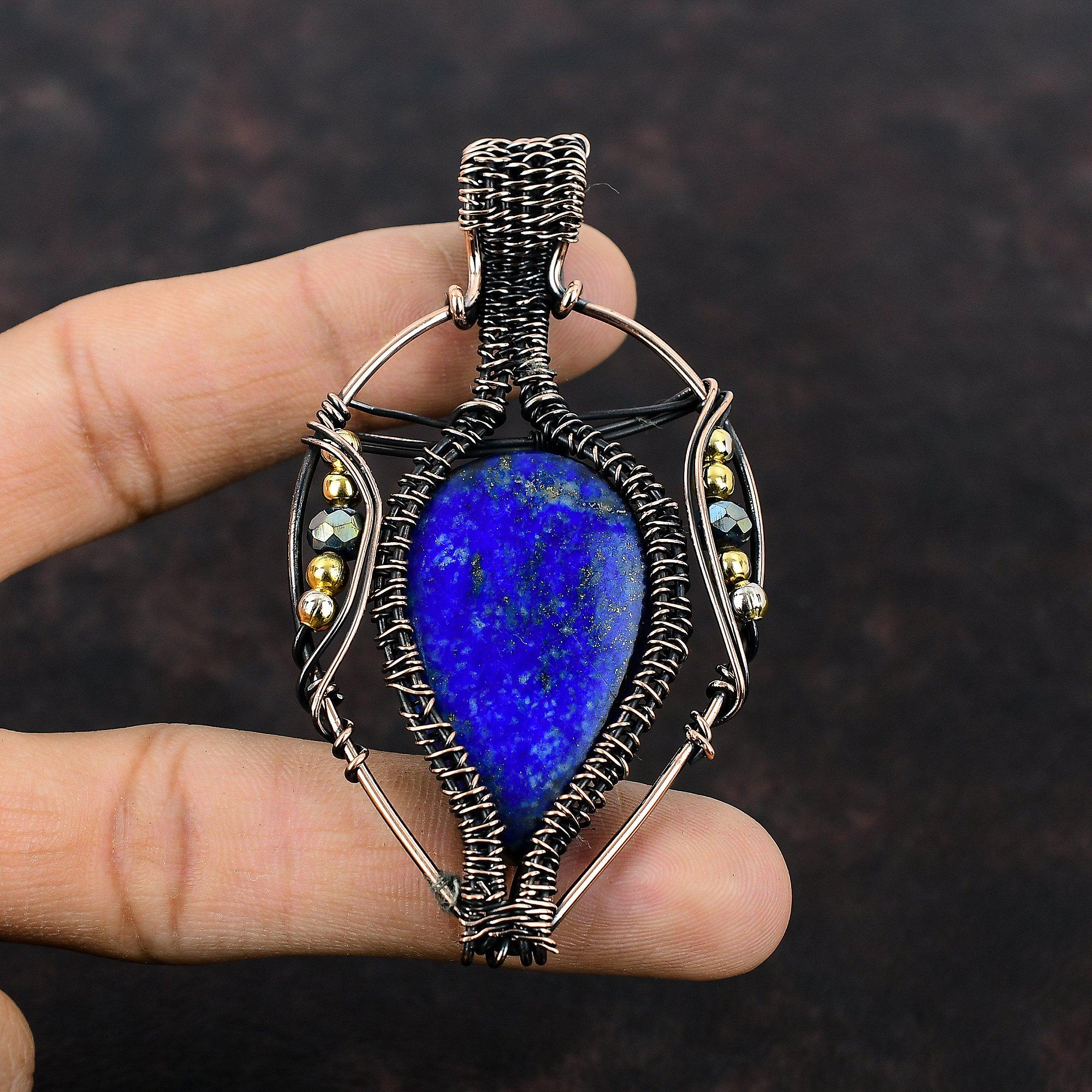 Lapis Lazuli Pendant Copper Wire Wrapped Pendant Titanium Beads Pendant Gemstone Copper Jewelry Designer Pendant Handmade Wire Wrap Jewelry