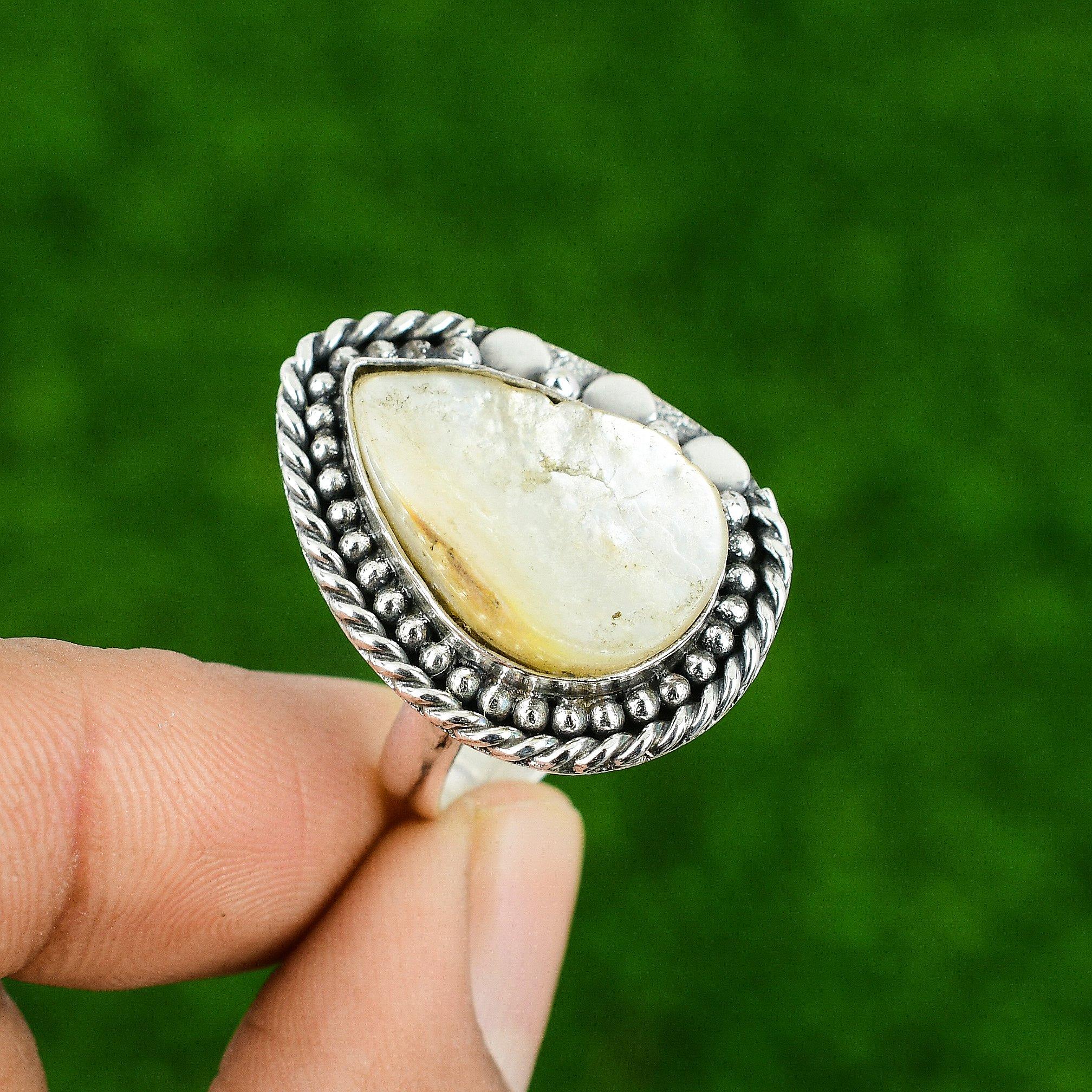 Mothers day Deal Mother Of Pearl Stone Ethnic Stackable Ring 925 Sterling Silver