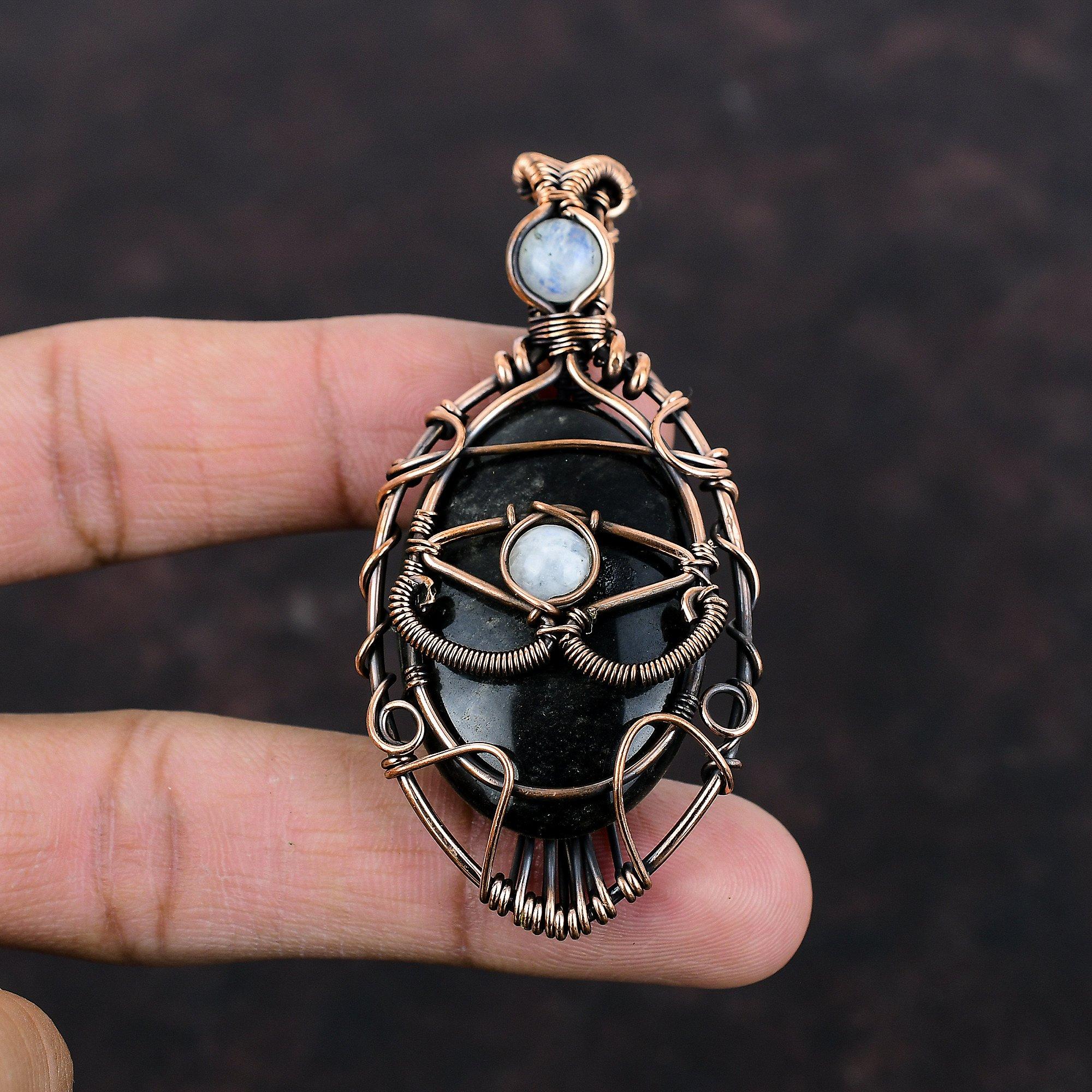 Evil Eye Silver Sheen Obsidian Pendant Copper Wire Wrapped Pendant Gemstone Jewelry Moonstone Pendant Handmade Copper Jewelry Gift For Women