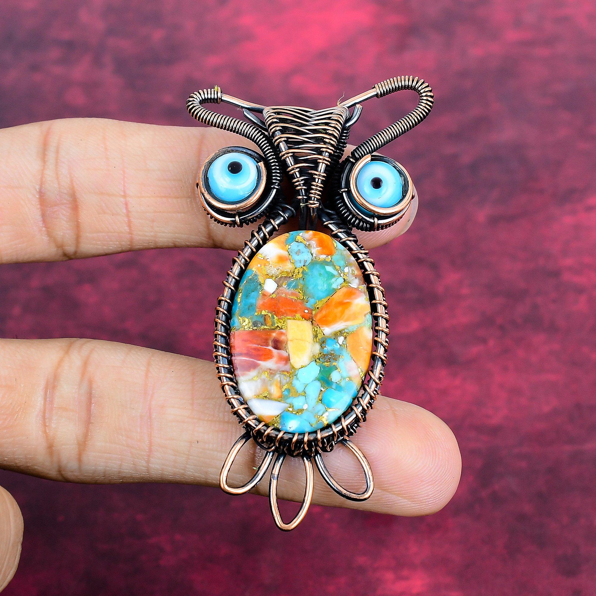 Spiny Oyster Copper Turquoise Pendant Gemstone Owl Jewelry Copper Wire Wrapped Pendant Blue Evil Eye Jewelry
