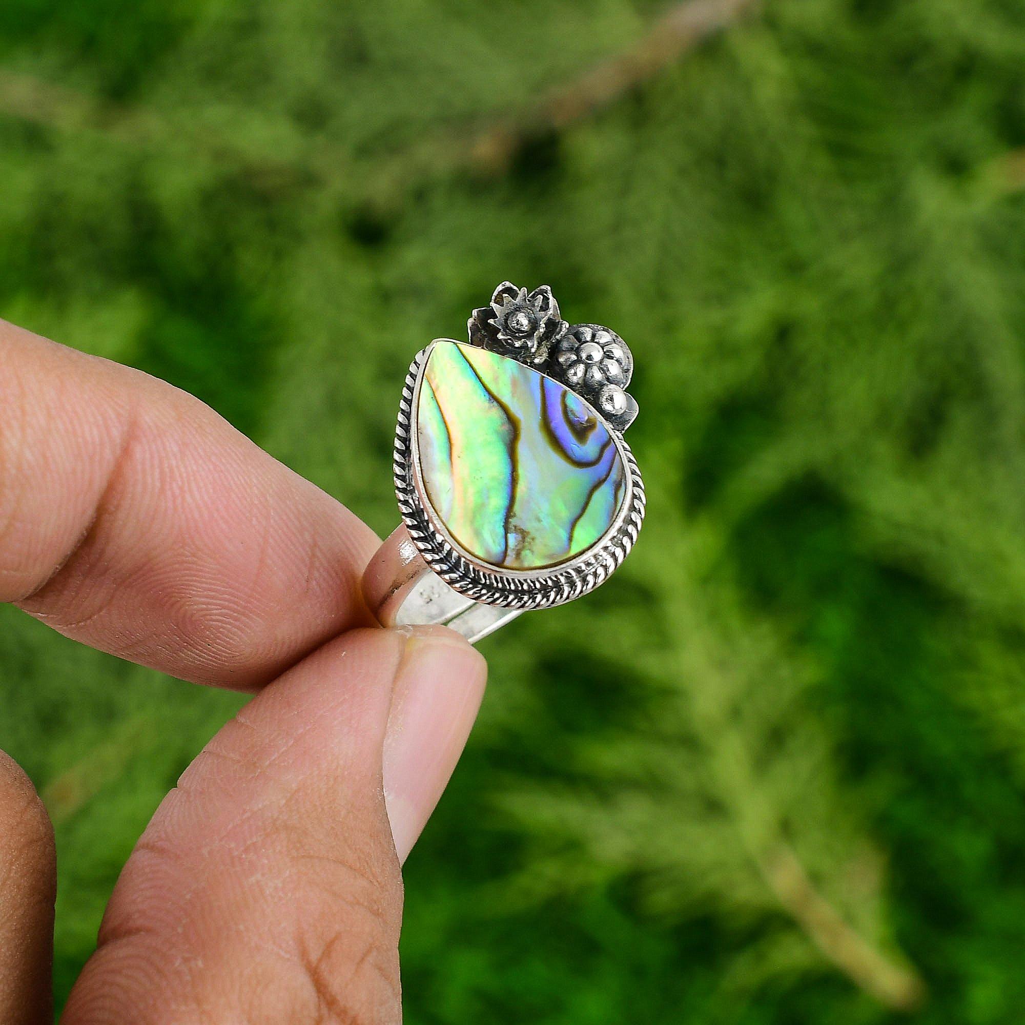 Natural Abalone Shell 925 Silver Statement Flower Adjustable Ring For Girls