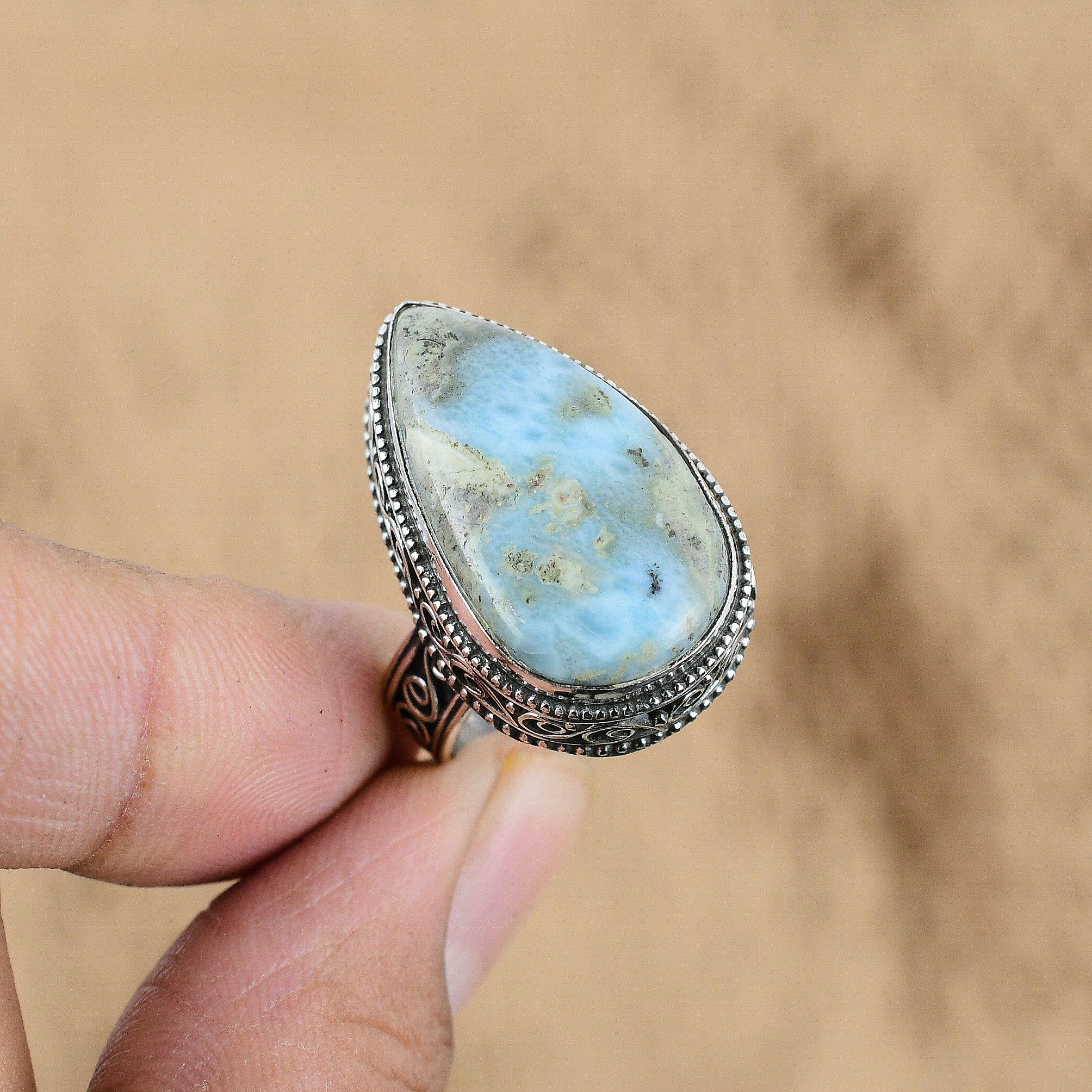 Birthday Gift For Her Natural Larimar Promise Vintage Ring Size 7.75 925 Silver