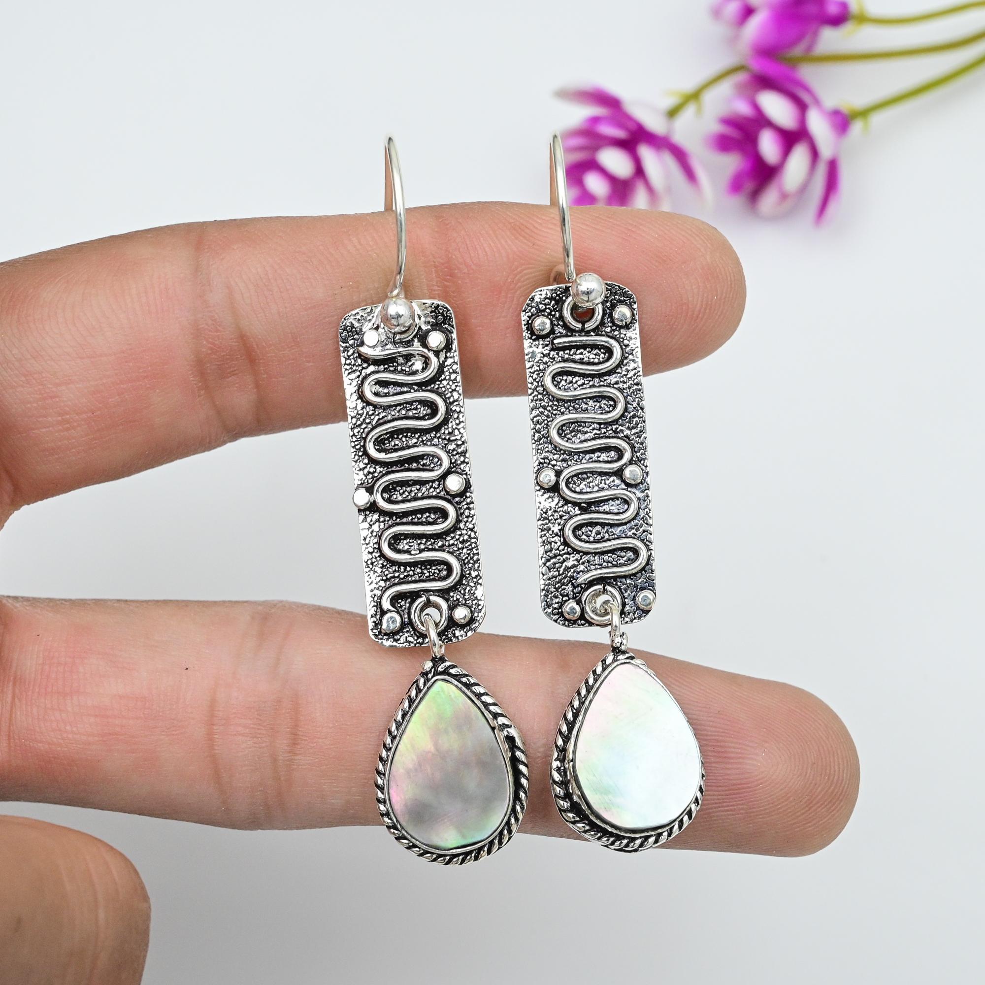 Black Mother Of Pearl Jewelry, 925 Solid Sterling Silver Earrings, Handmade Gemstone Jewelry Earrings For Memorial Day