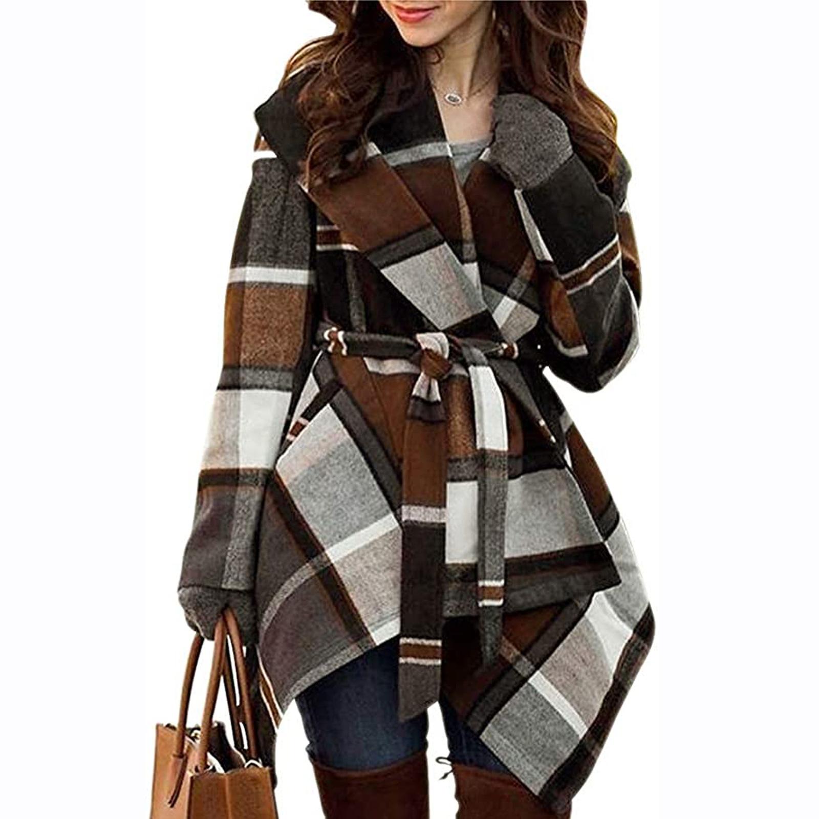 Women's Turn Down Shawl Collar Earth Tone Check Asymmetric Hemline Wool Blend Coat