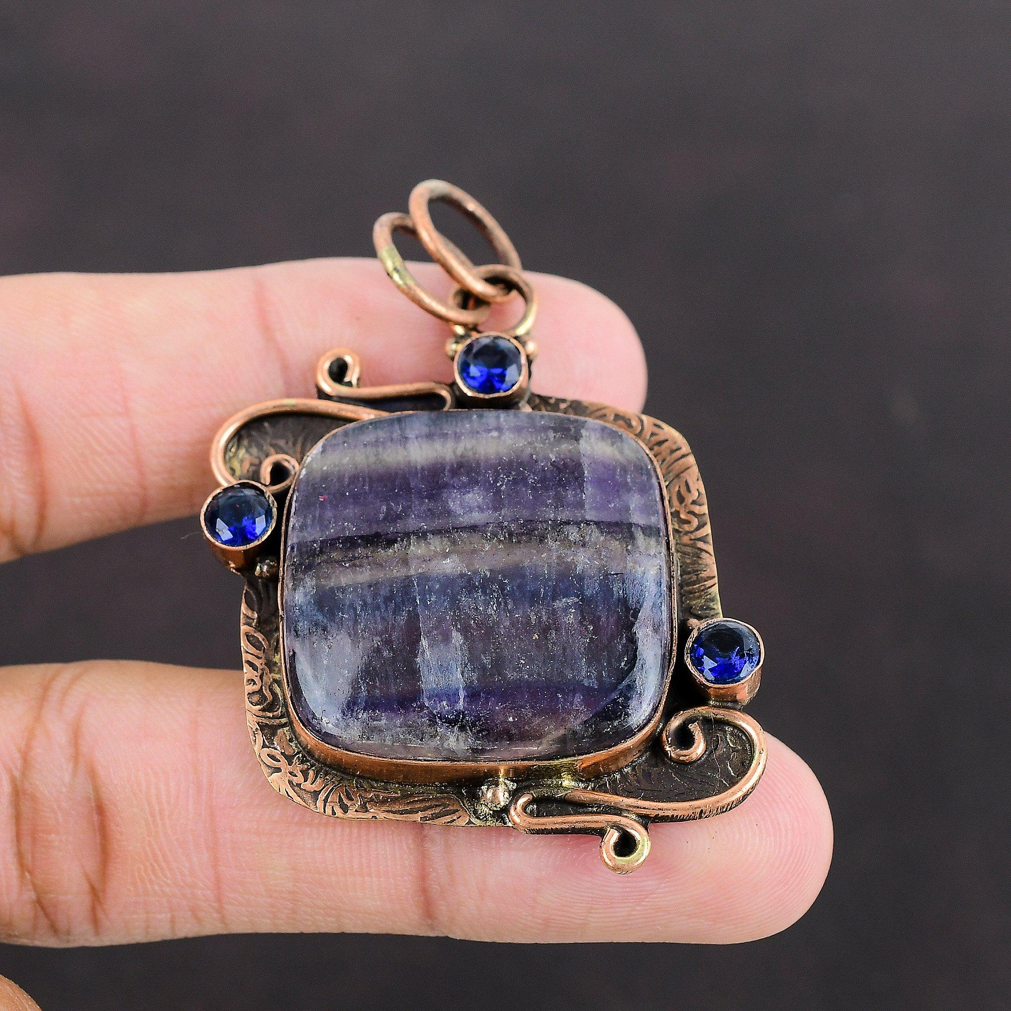 Multi Fluorit Anhänger Tansanit Quarz Anhänger Kupferanhänger Handgefertigter Schmuck Edelsteinanhänger Designer Kupferschmuck Oxidierter Anhänger
