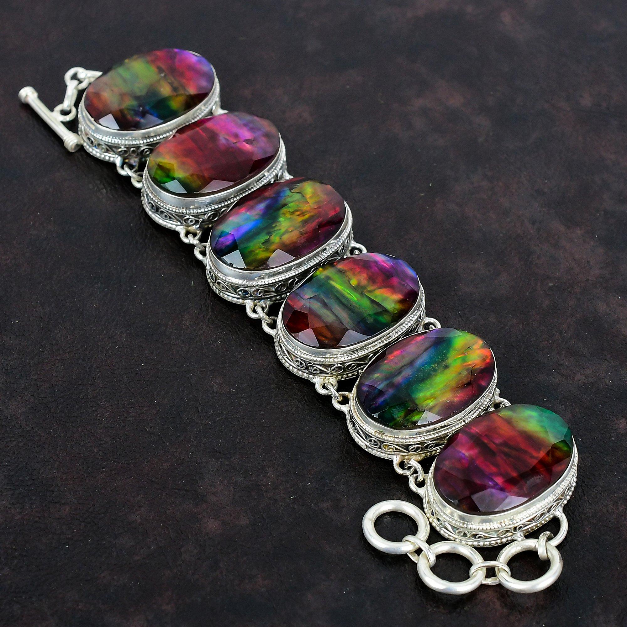 Faceted Ammolite Bracelet Gemstone Vintage Bracelet 925 Sterling Silver Bracelet Adjustable Chain Bracelet Handmade Natural Ammolite Jewelry