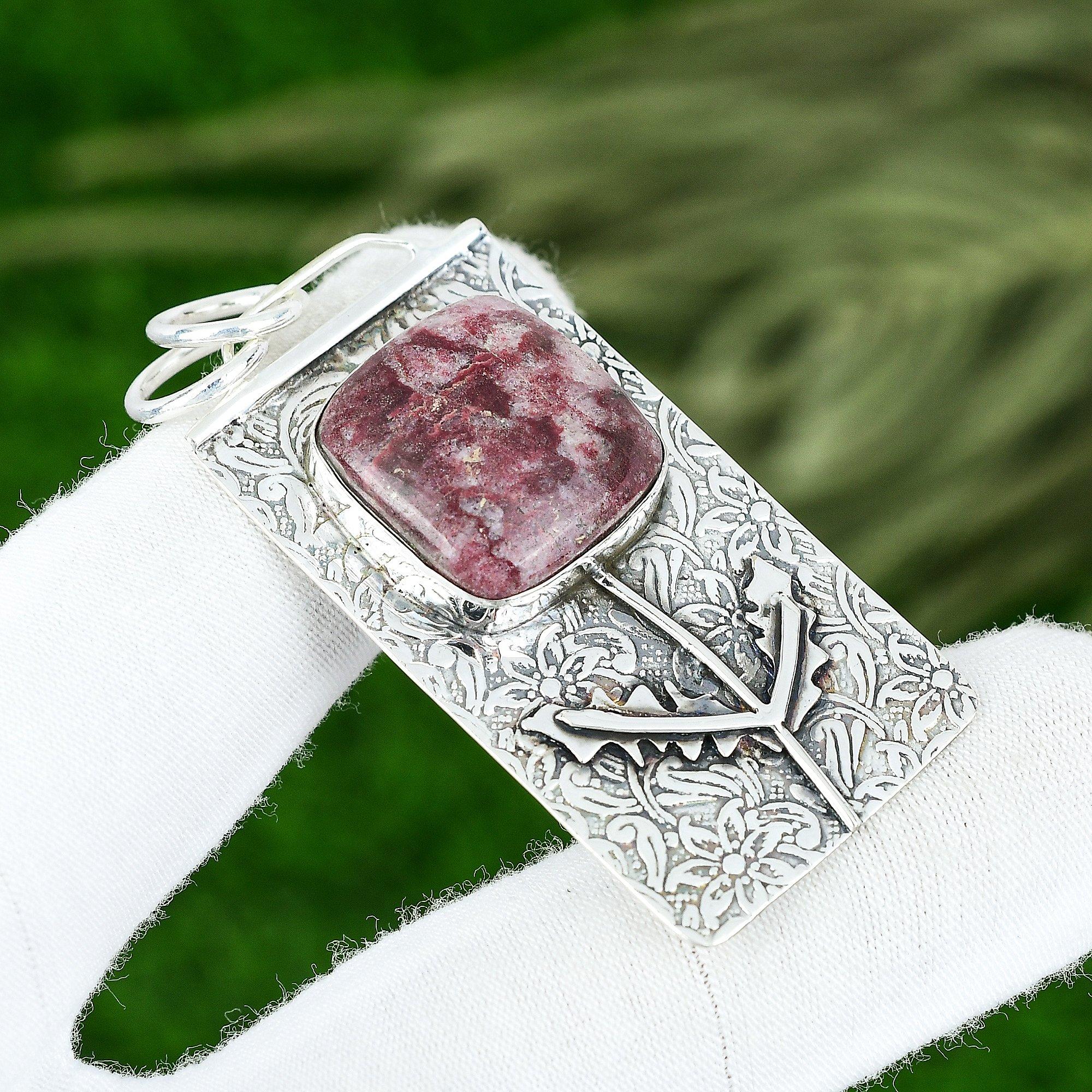 Cushion Pink Thulite Gemstone Sterling Silver Bezel Art Deco Ethnic Boho Pendant