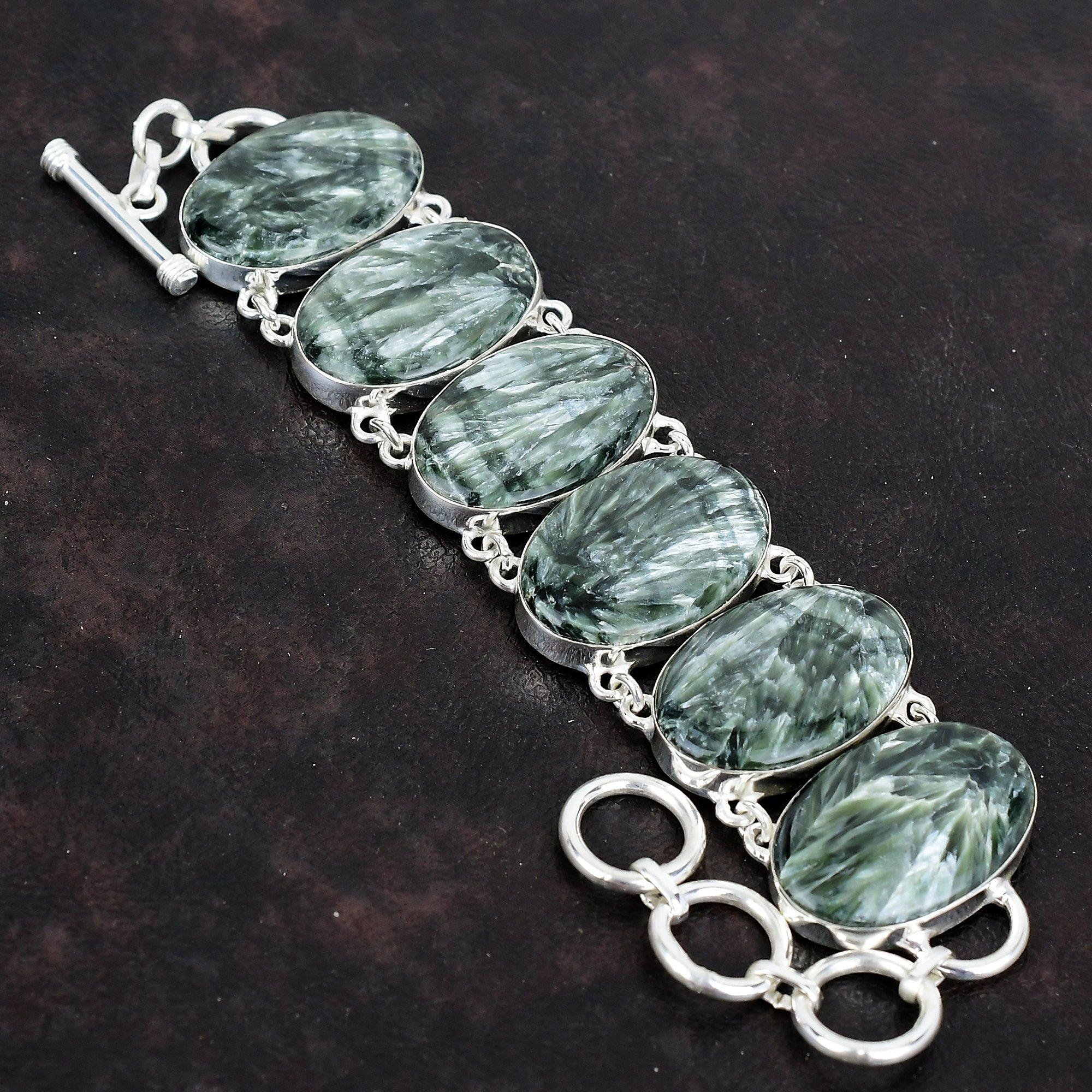 Seraphinite Gemstone Bracelet 925 Sterling Silver Bracelet Adjustable Chain Bracelet Amazing Silver Jewelry Handmade Bracelet Gifts for Wife
