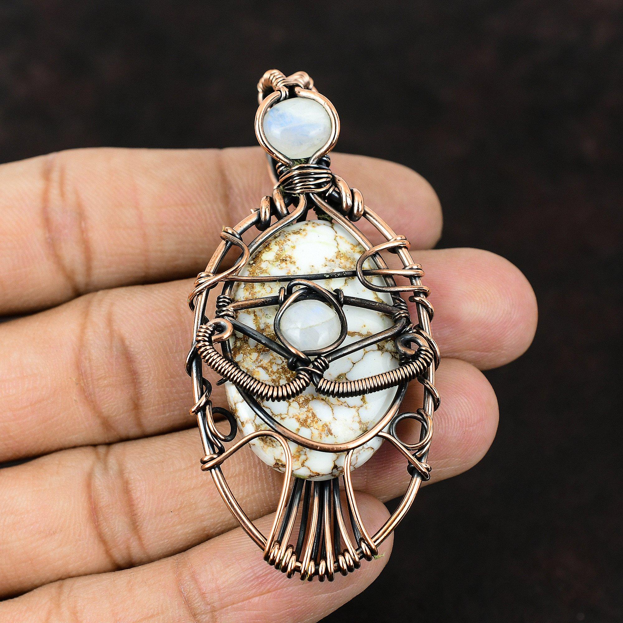 Evil Eye Wild Horse Magnesite Copper Pendant Gemstone Copper Wrapped Jewelry Handmade Designer Pendant Rainbow Moonstone Evil Eye Pendant