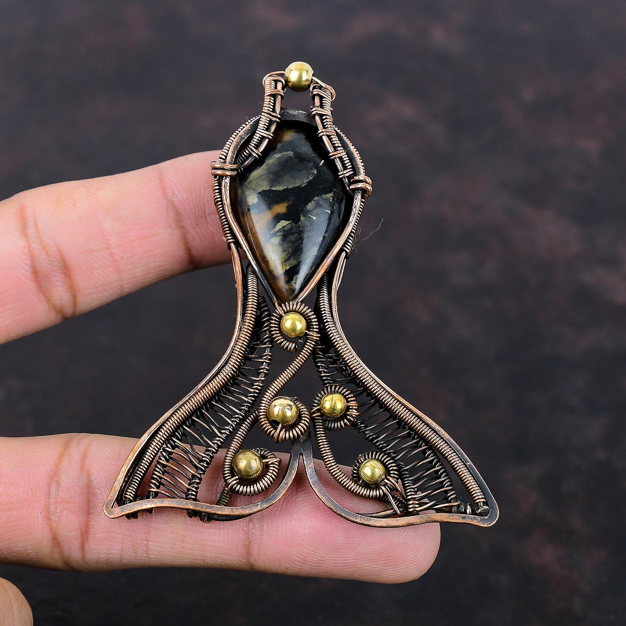 Picasso Jaspis Anhänger Kupferdraht gewickelter Anhänger Echter Edelstein Schmuck Fisch Anhänger Handgefertigter Kupferschmuck Geschenk für Sie Anständiger Anhänger