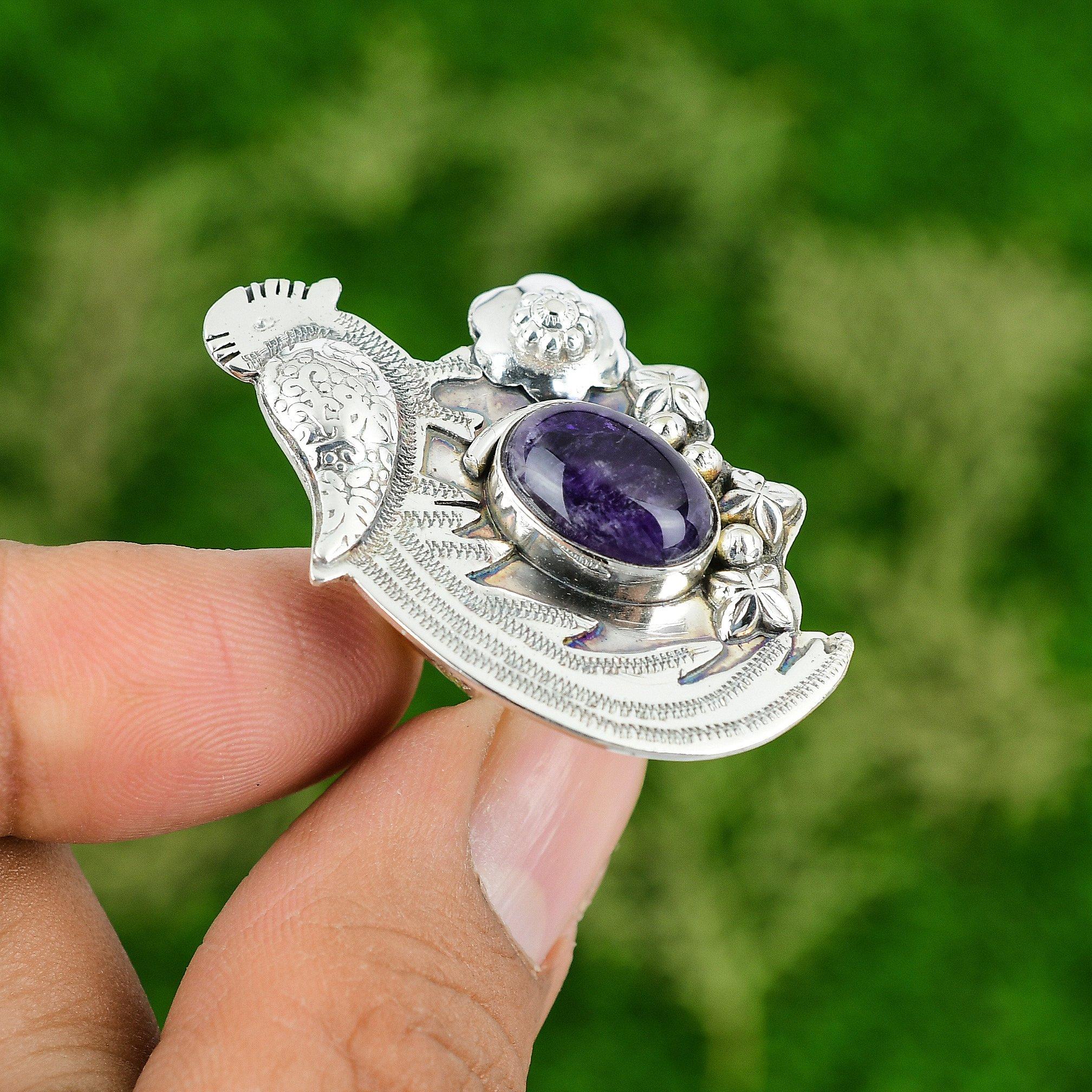 Natural African Amethyst Gemstone Promise Bird Purple Adjustable Ring 925 Silver