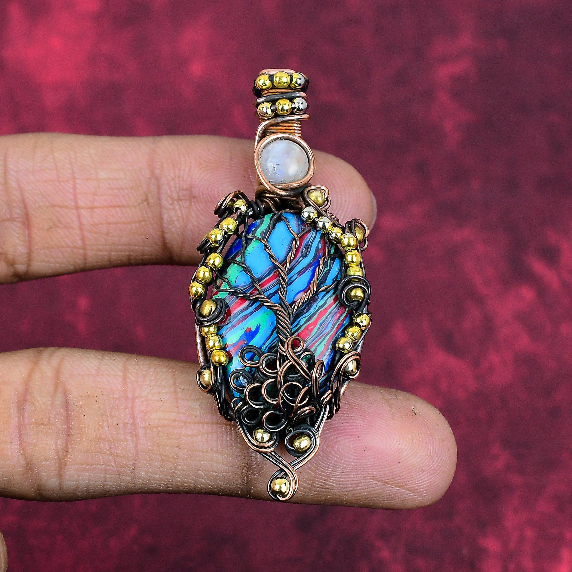 Tree of life rainbow calsilica pendant copper wire wrapped gemstone pendant moonstone pendant handmade copper wire jewelry anniversary gifts