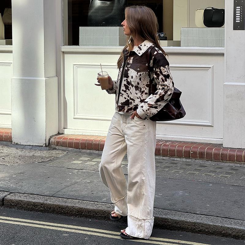 Women Fashion Printed Short Leather Jacket Turn Down Collar Long Sleeve Coats Autumn Single Breasted High Street Outerwear