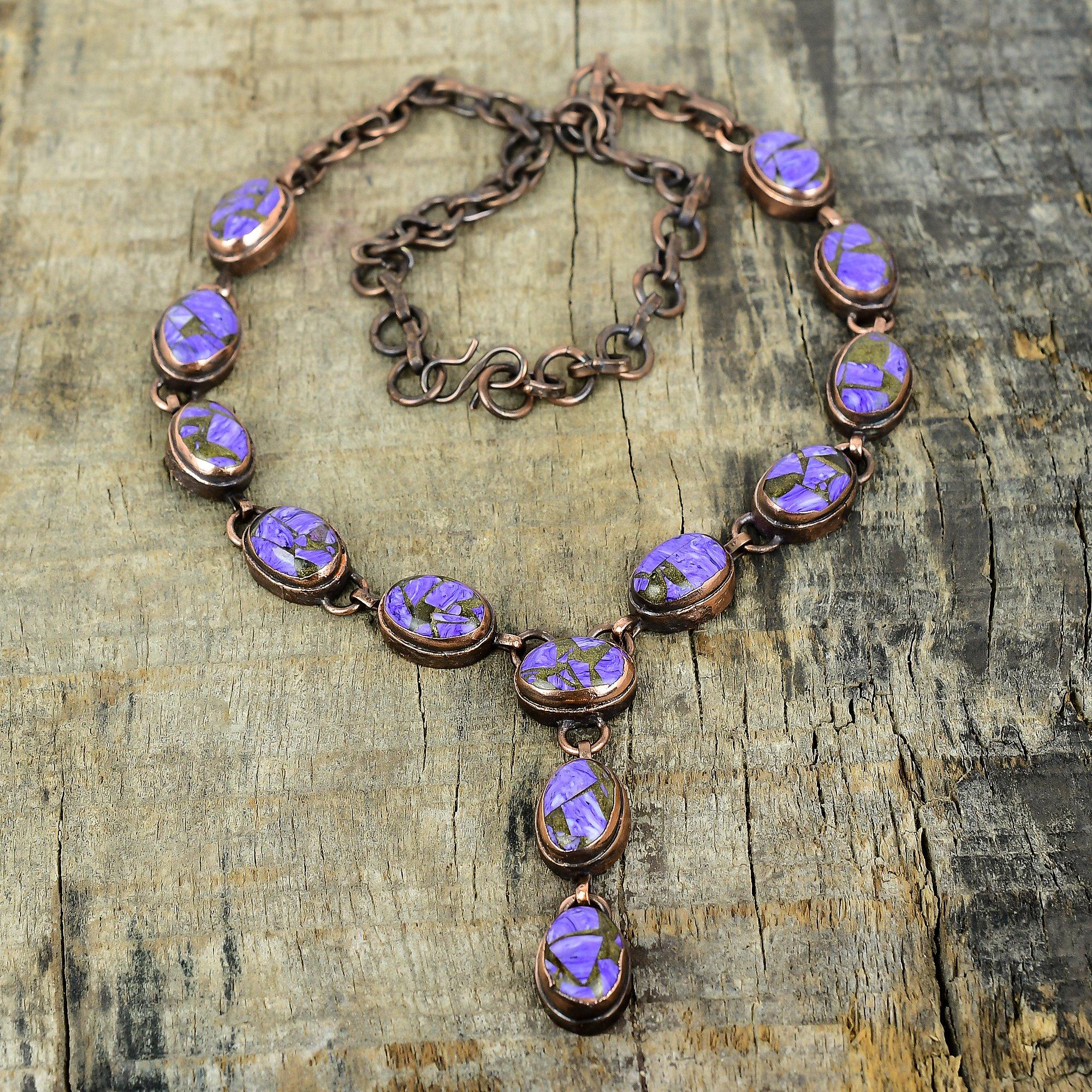Copper Charoite Necklace Electroformed Copper Necklace Adjustable Chain Necklace Gemstone Jewelry Handmade Birthstone Necklace Gifts for Her
