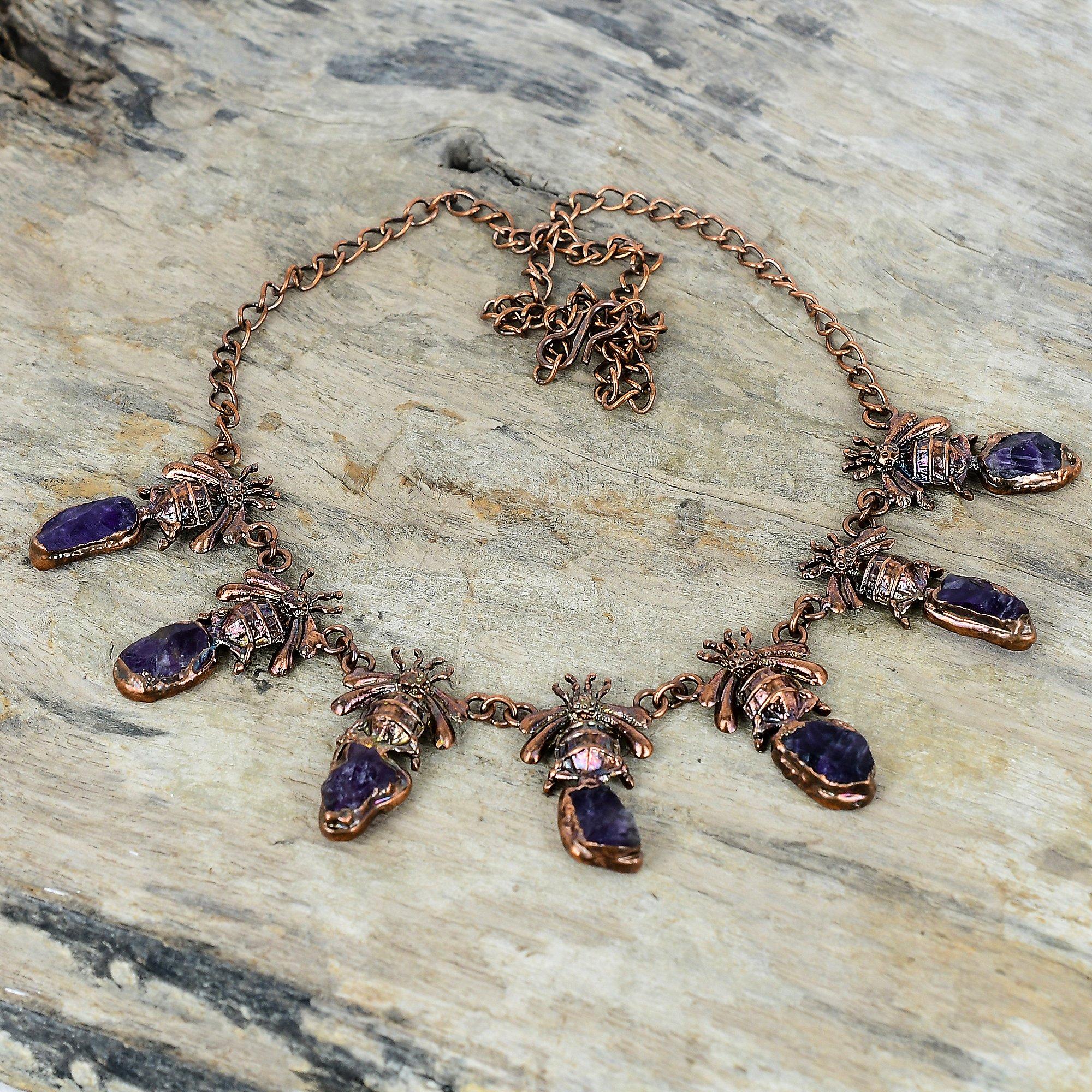 African amethyst rough necklace electroformed copper adjustable chain necklace honey bee necklace gemstone handmade jewelry gifts for women