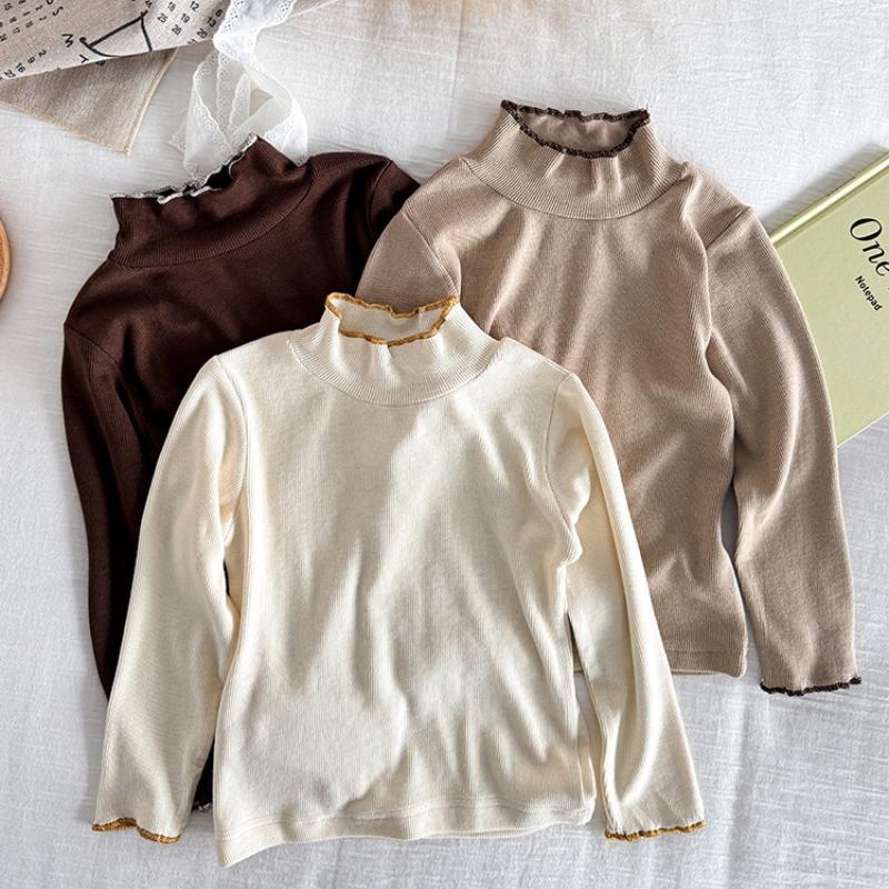 Baby Girls Tops Casual Kids Long Sleeve Solid Color Sweet T-shirt Children's Korean Clothes High Neck Base Shirt Autumn