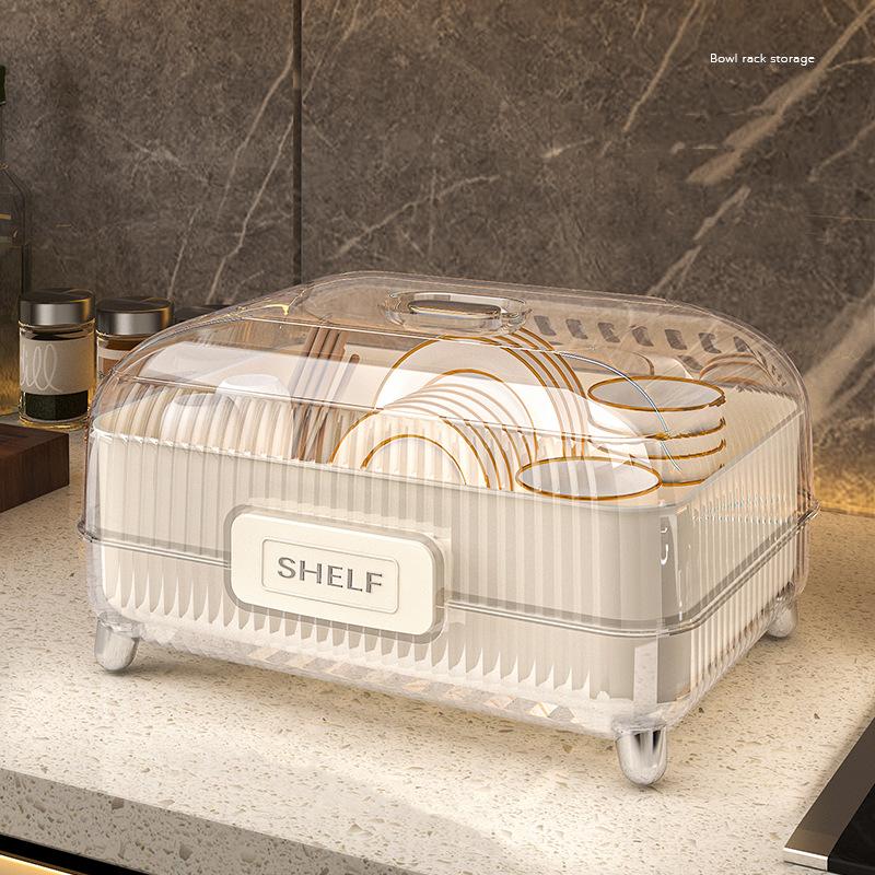 Kitchen Drain Rack, Large-capacity Dishware Storage Box, Dust-proof with Cover, Countertop Tableware Storage and Organization