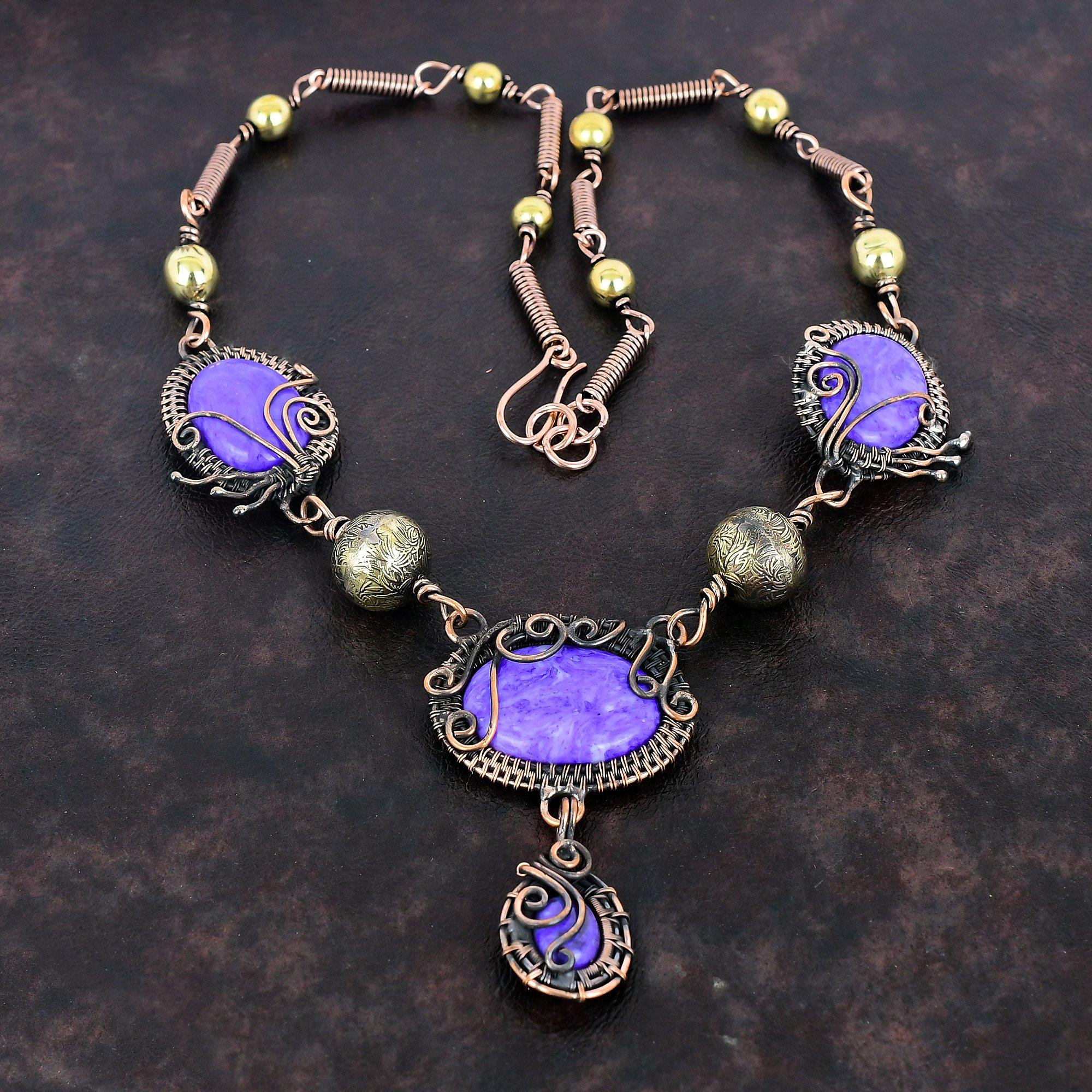 Colier Charoit Colier Înfășurat cu Sârmă de Cupru Colier cu Lanț Ajustabil Bijuterii din Cupru cu Piatră Prețioasă Colier Designer Handmade Cadouri de Logodnă