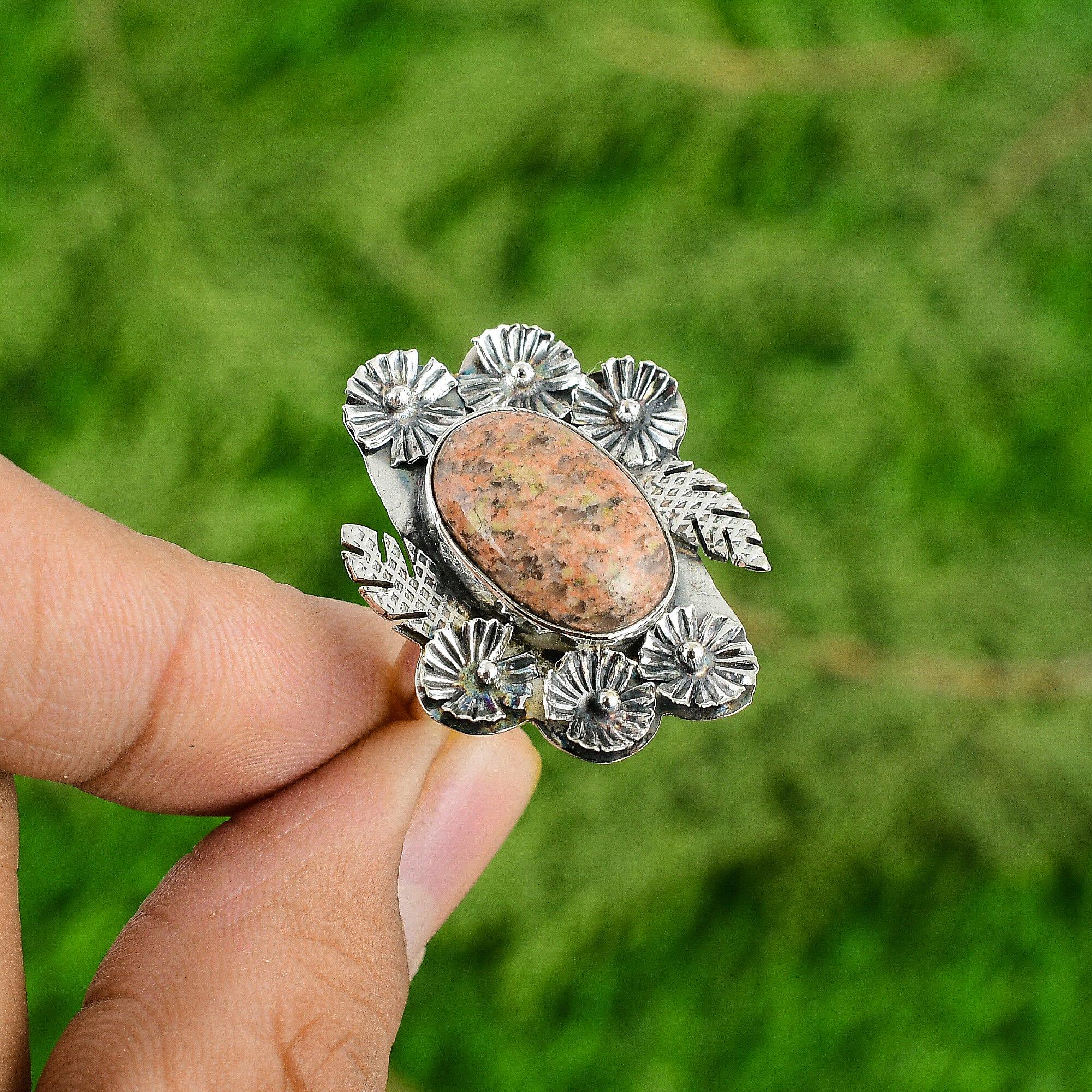 Natural Unakite Gemstone Solitaire Flower Adjustable Ring 925 Silver For Women