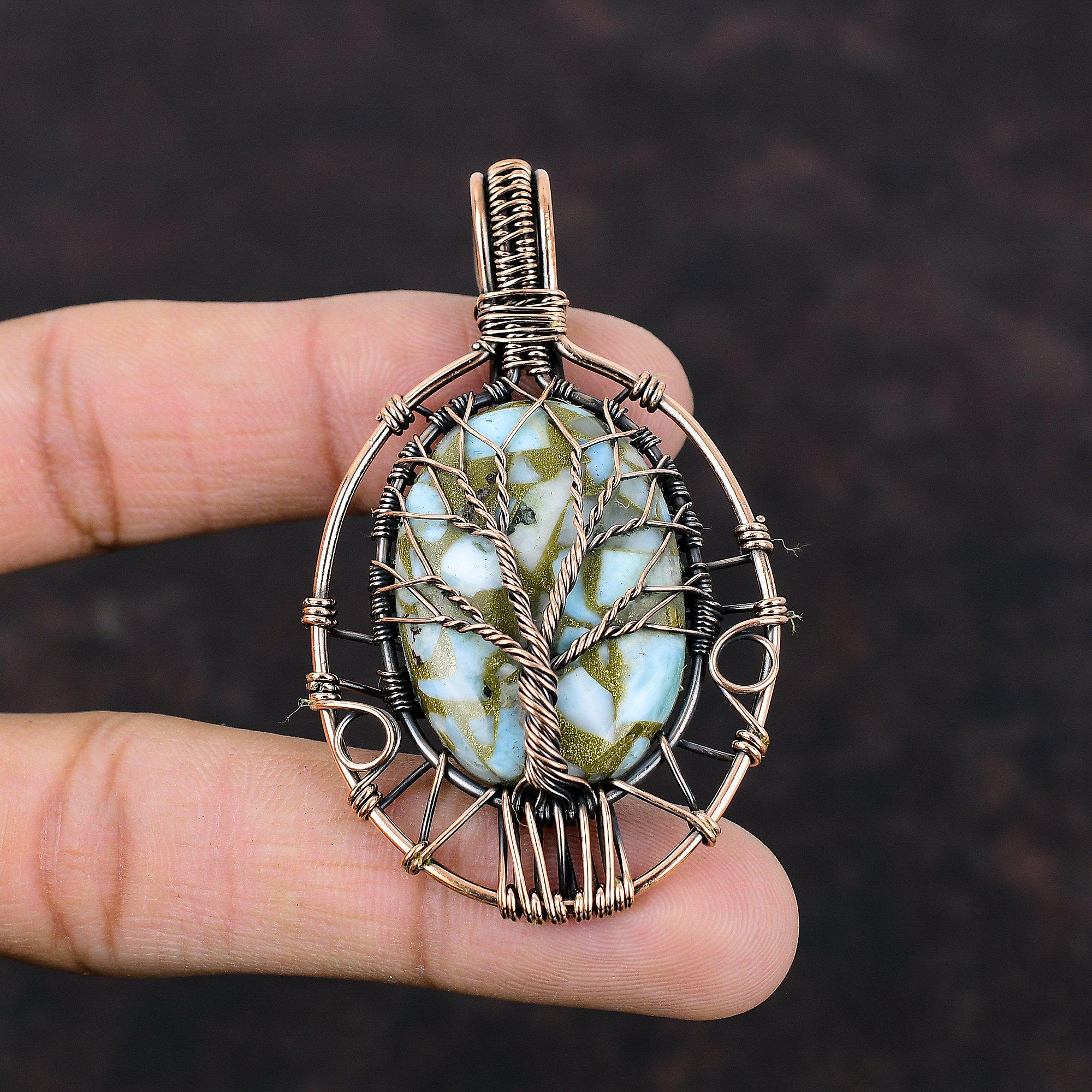 Tree Of Life Copper Larimar Pendant Copper Wire Wrapped Jewelry Handmade Pendant High Quality Gemstone Jewelry Copper Wire Wrapped Pendants