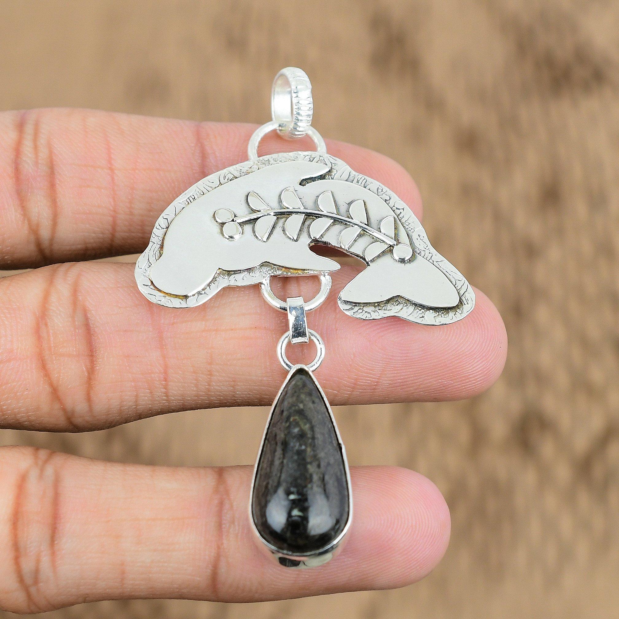 Natural Orthoceras Fossil Gemstone Pendant Fish 925 Sterling Silver Jewelry