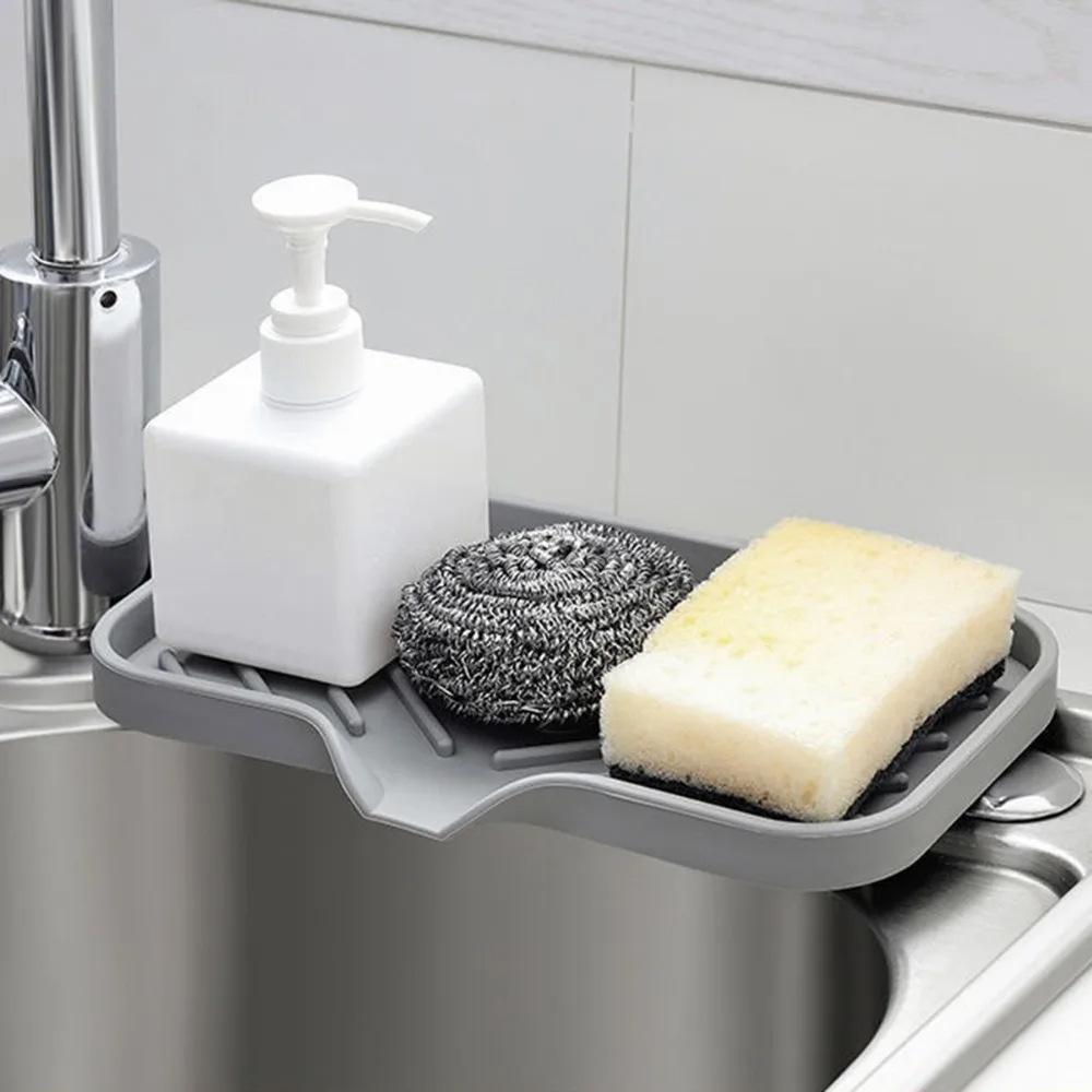 Kitchen Storage Rack Sink Silicone Tray with Drainage Soap Sponge Storage Rack Countertop Sink Wiping Soap Storage Convenient Fo