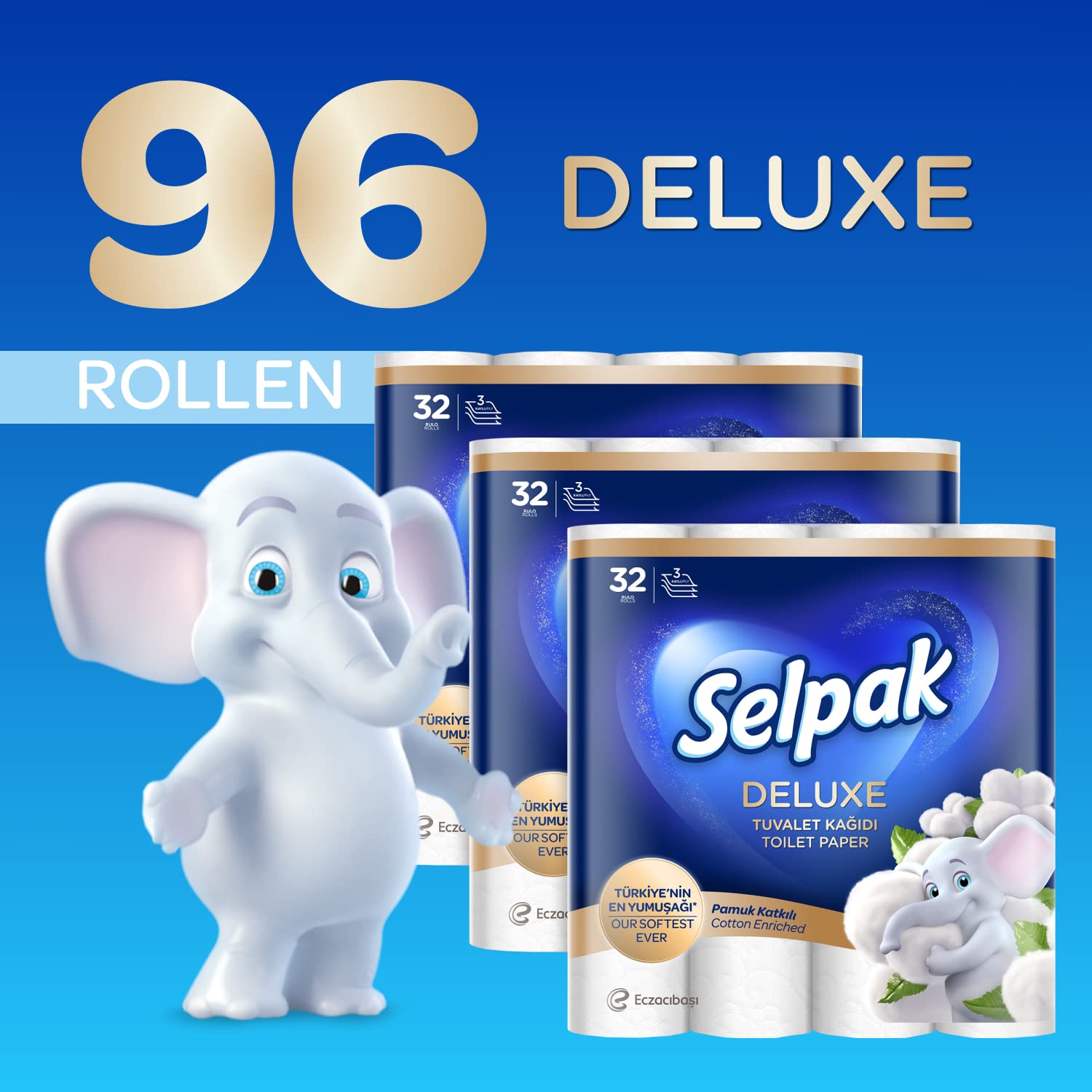 Selpak נייר טואלט דלוקס 3 שכבות, עם סיבי כותנה, רך וחזק במיוחד, נייר טואלט, נייר טואלט, 96 גלילים (3x32 לחמניות)