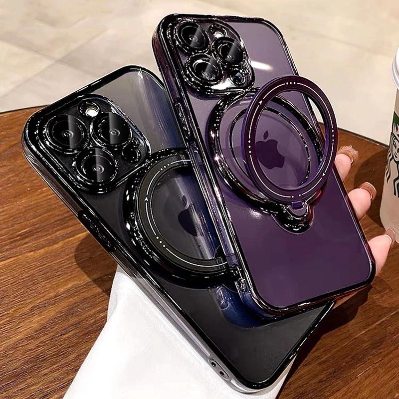 Luxury Magsafe Wireless Charging Phone Case For iPhone 16 15 14 13 12 11 Pro Max Plus Transparent Magnetic Ring Bracket Bumper Cover