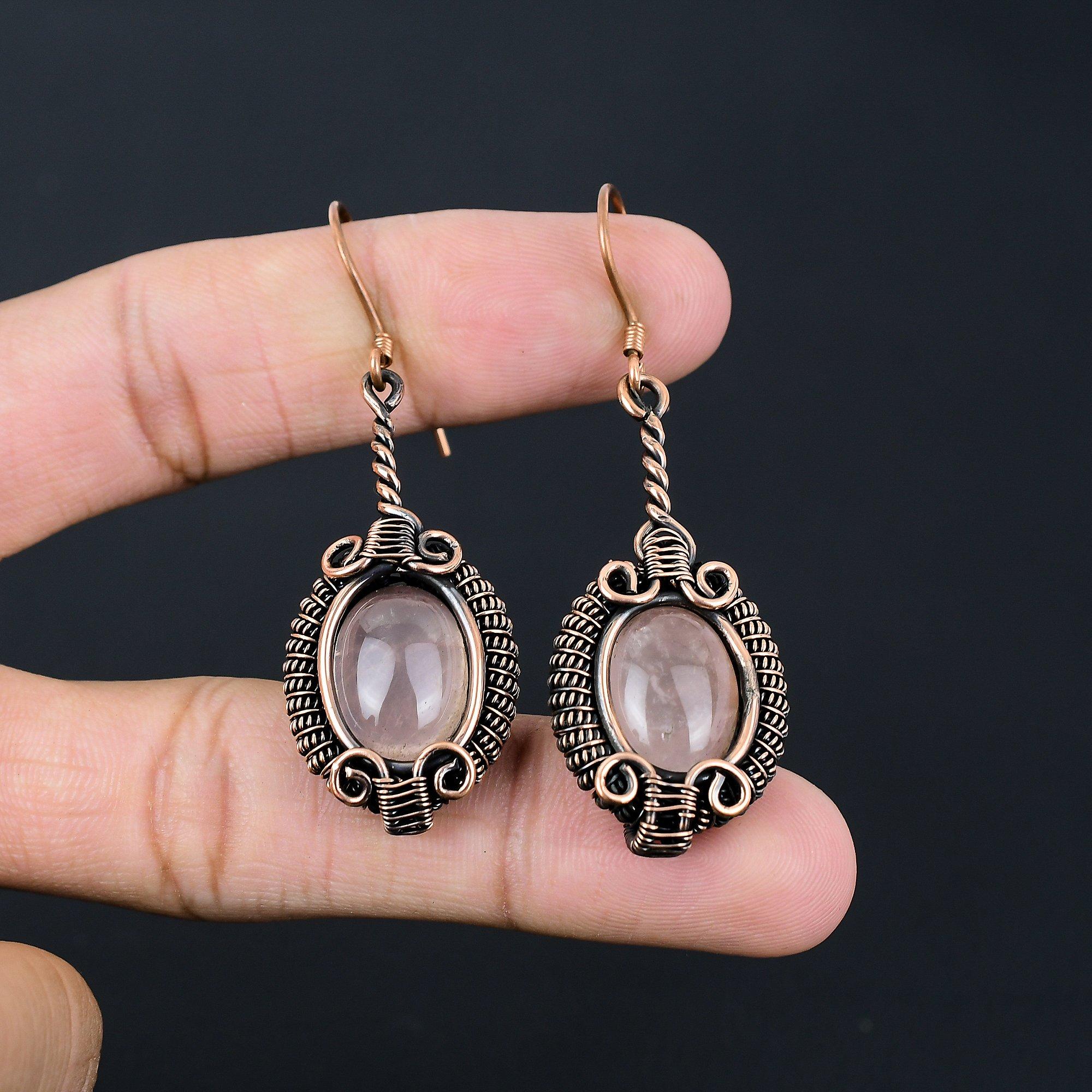 Rose Quartz Gemstone Handmade Pure Copper Wire Wrapped Earring Jewelry For Thanksgiving