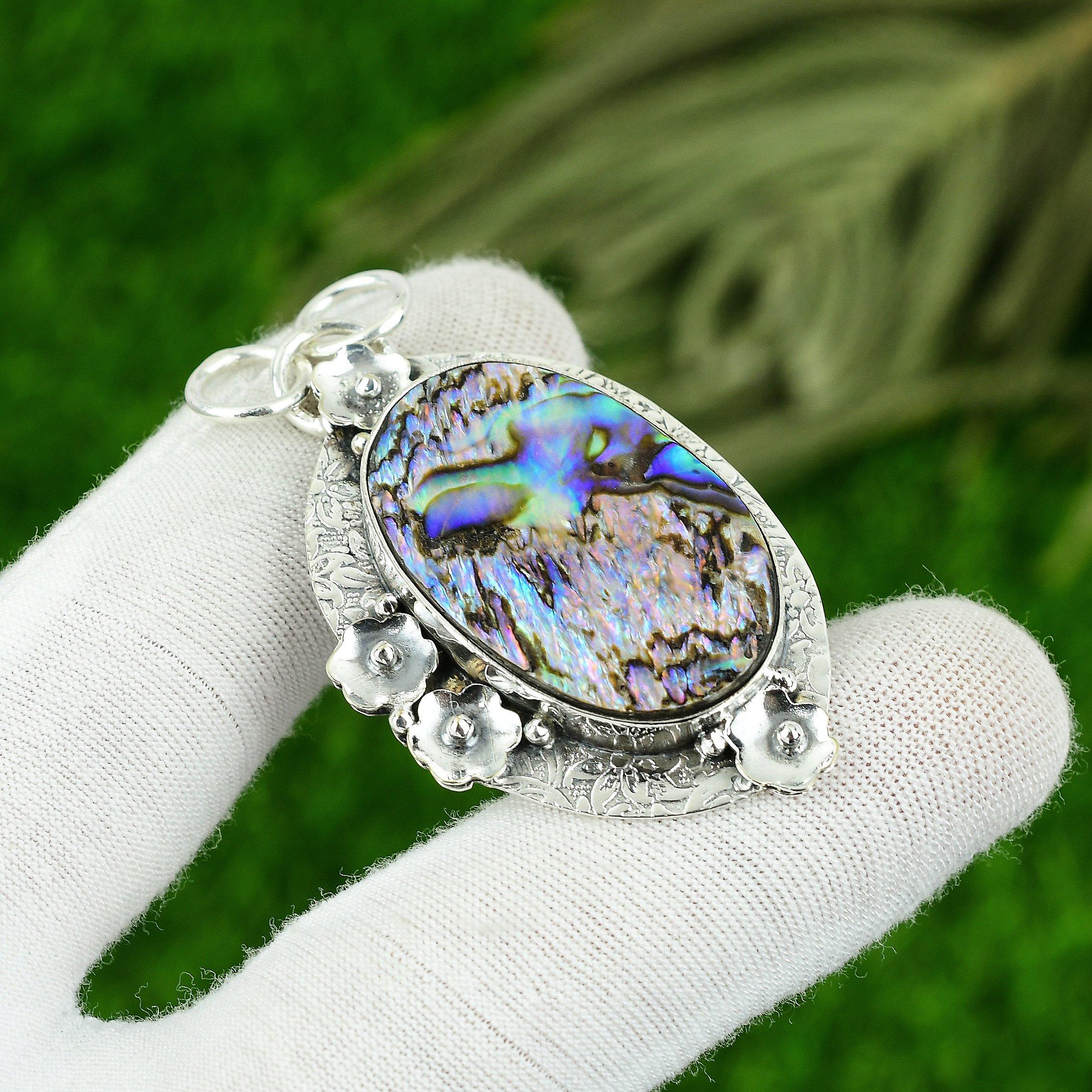 Natural Abalone Shell Gemstone Pendant 925 Sterling Silver Indian Jewelry