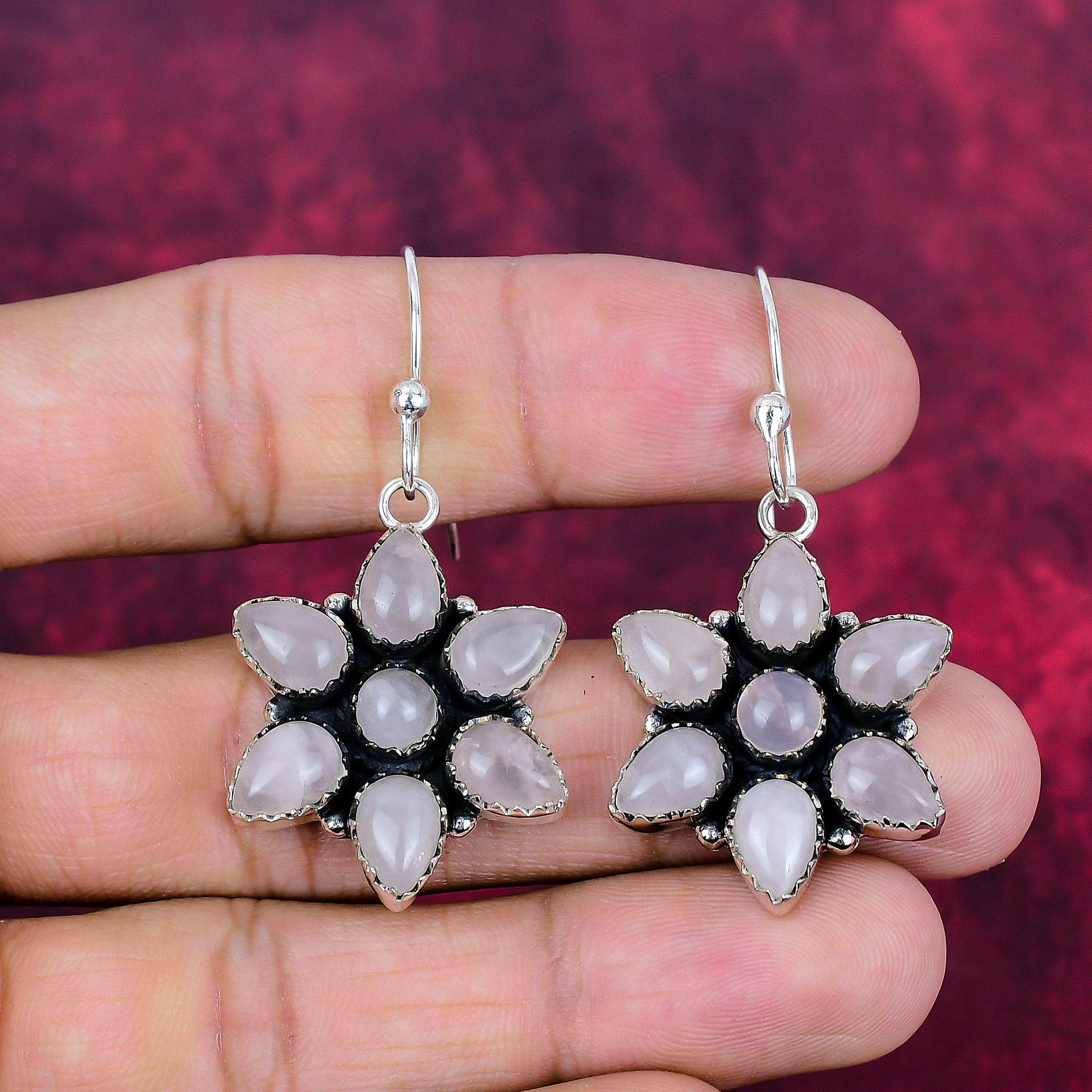 Rose Quartz 925 Solid Sterling Silver Earrings, Handmade Gemstone Earrings Jewelry, Gifts For Wife Brand New Earrings