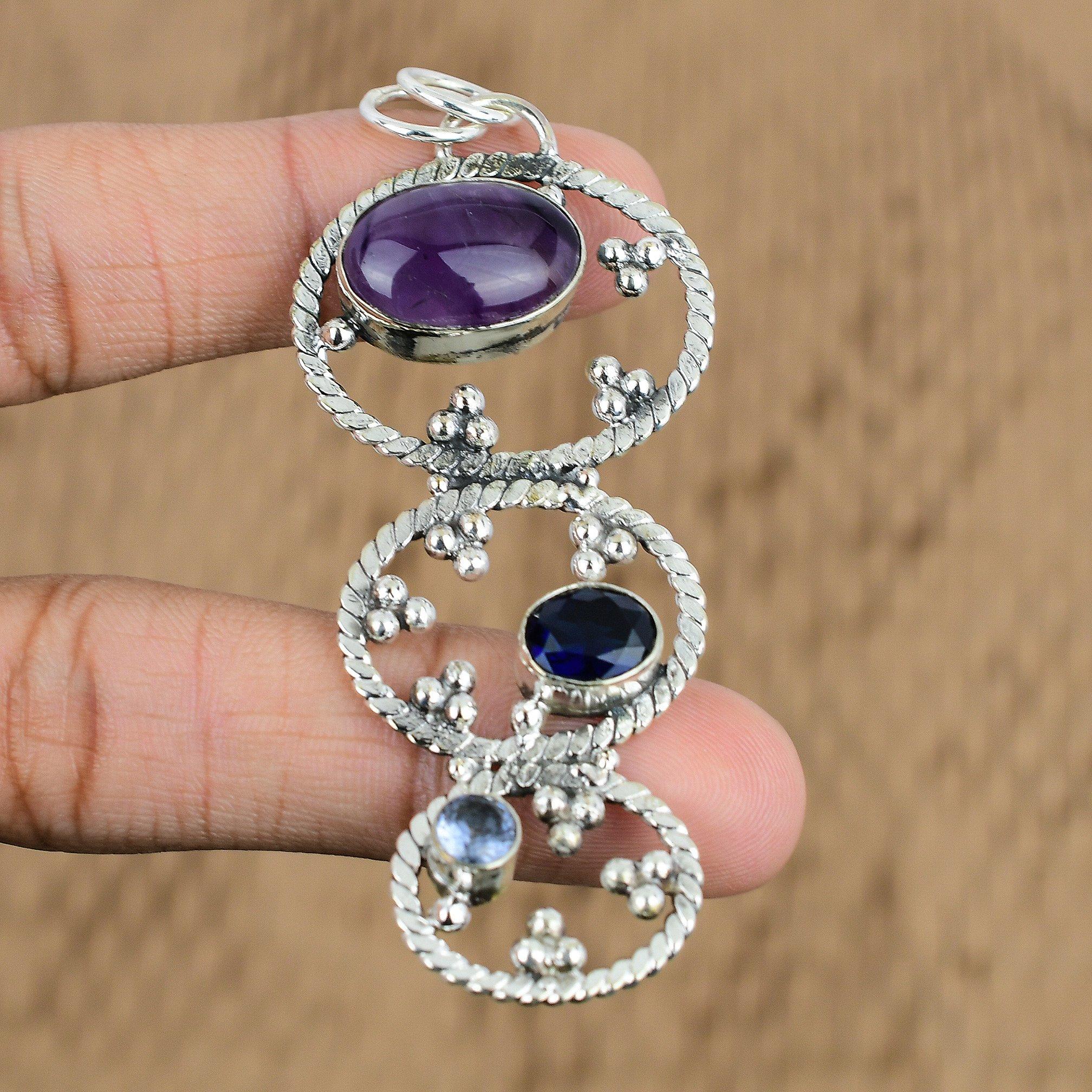 Sterling Silver Natural African Amethyst Tanzanite Quartz Unique Pendant Jewelry