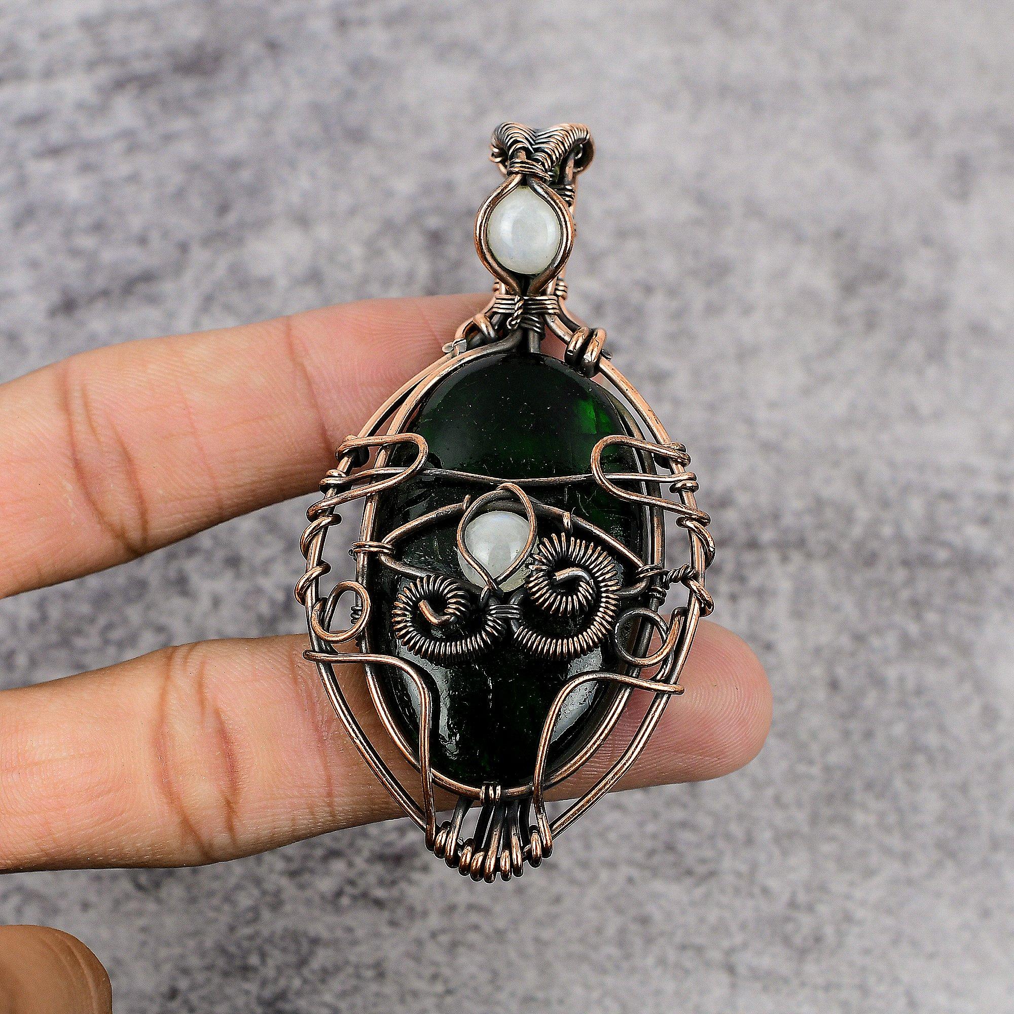 Green Flash Labradorite & Rainbow Moonstone 999 Copper Wire Wrapped Pendant, Handmade Gemstone Pendant , Gift For Mom Antique Jewelry