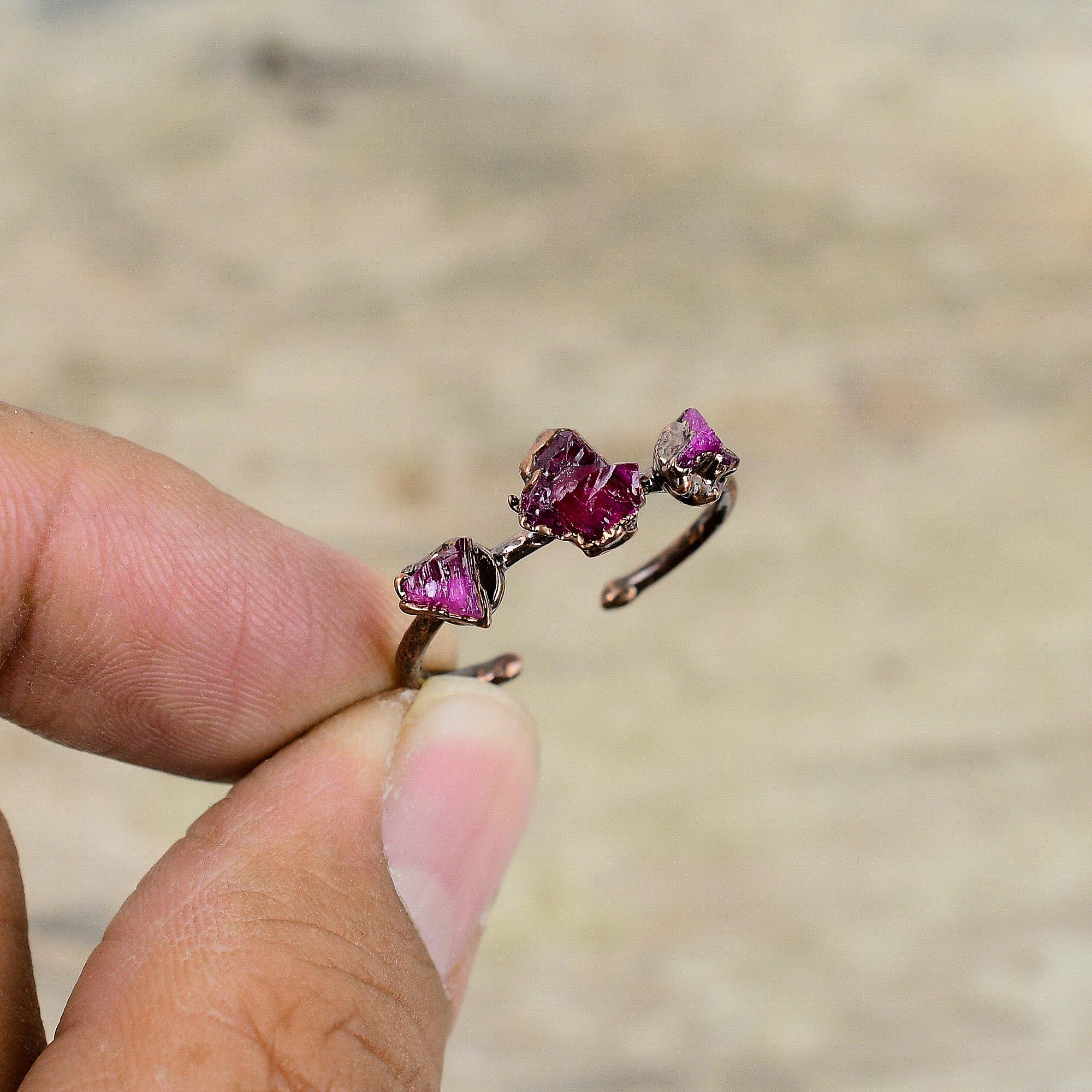 Pink Tourmaline Rough Ring Electroformed Copper Adjustable Ring Natural Gemstone Jewelry Handmade Decent Ring Electroformed Jewelry For Gift