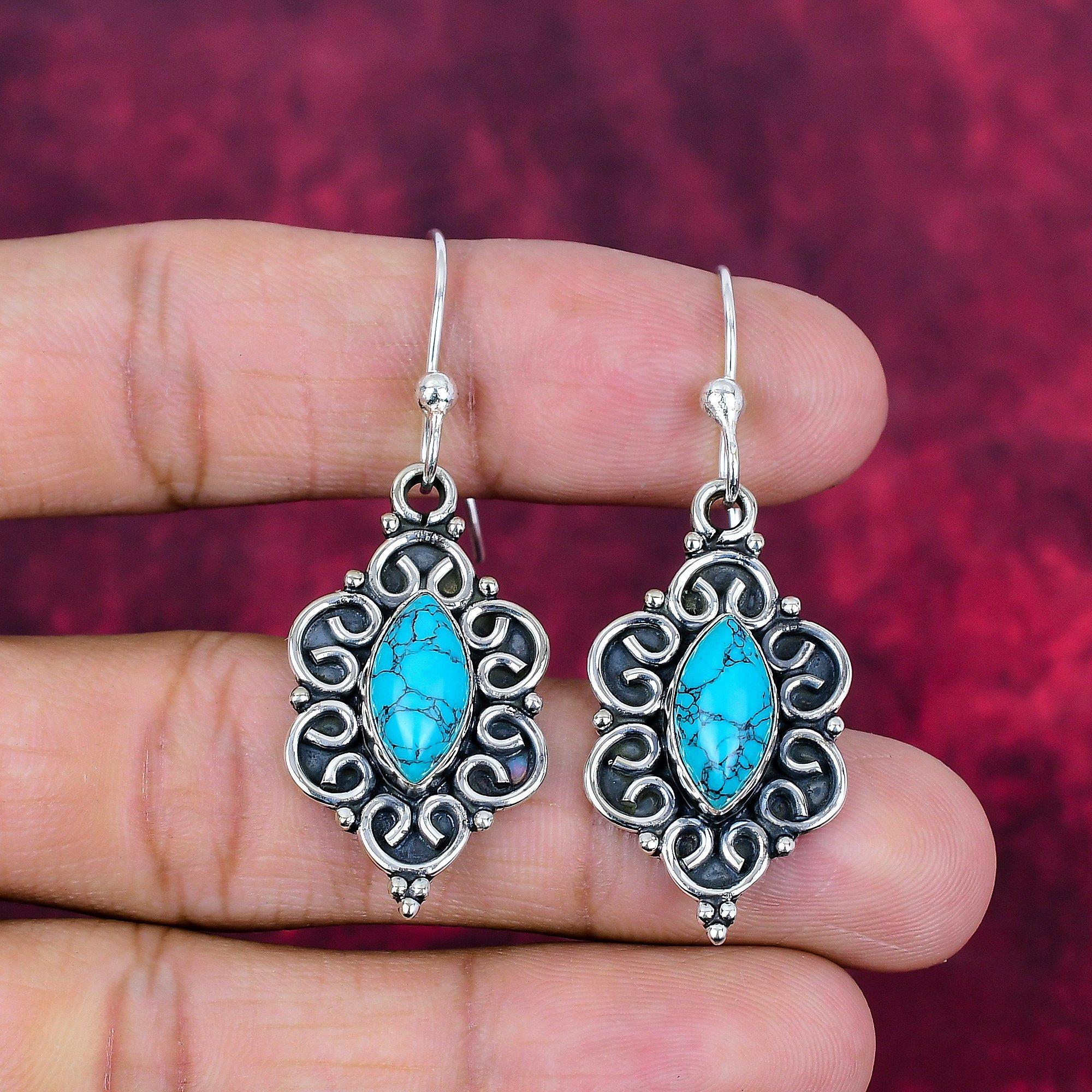 Ręcznie robione kolczyki z kamieniami szlachetnymi z turkusu arizonańskiego, kolczyki z litego srebra próby 925, antyczna biżuteria, na prezent zaręczynowy