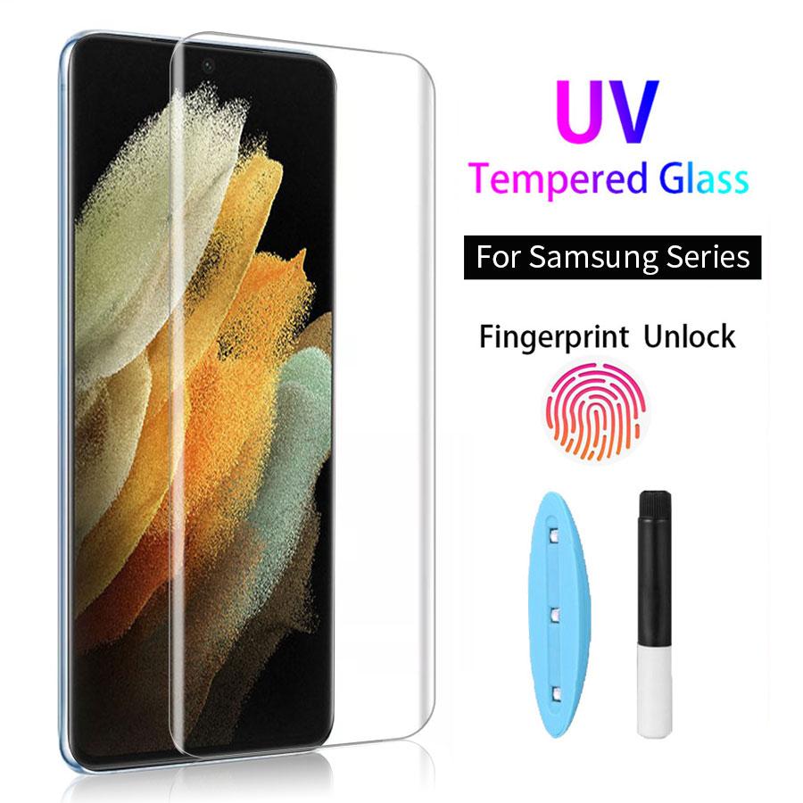 إلى Samsung Galaxy Note 20 Ultra 10 S24 S23 S22 S21 S20 Ultra S10 Plus غطاء غراء كامل سائل UV واقي شاشة من الزجاج المقسى